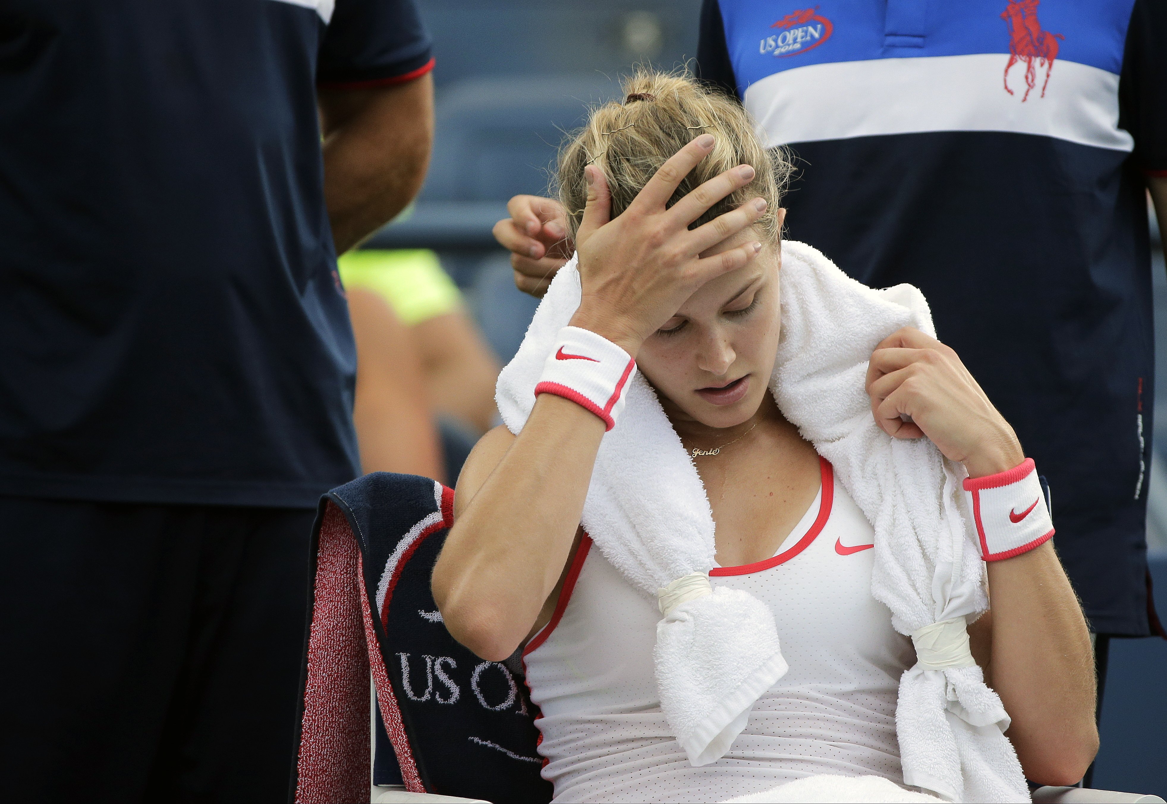 Eugenie Bouchard fell over in the locker room on Friday and banged her head. Photo: AP