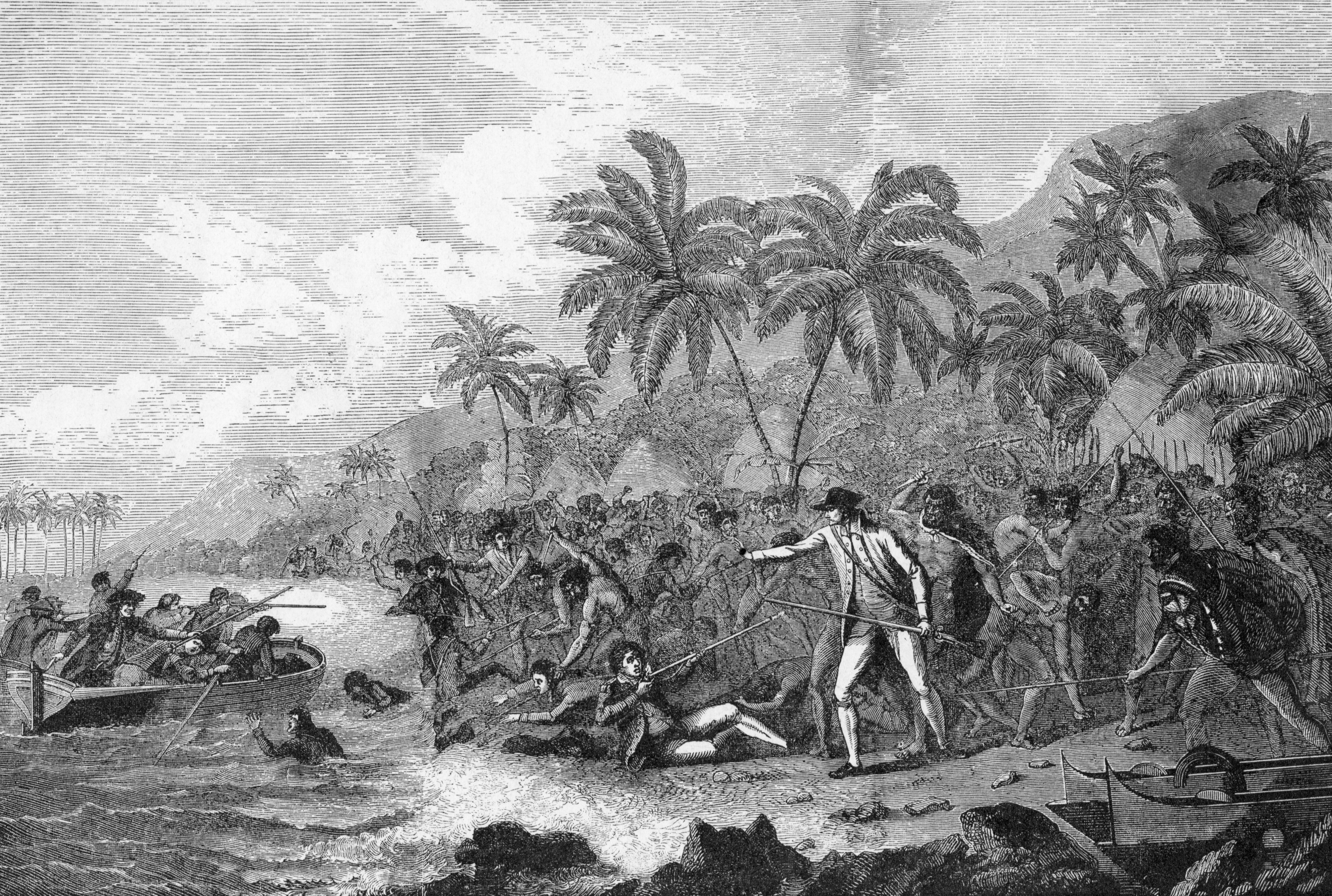 A 19th-century engraving showing the death of Captain Cook on Hawaii in 1779, a crucial event in Moore’s account.
