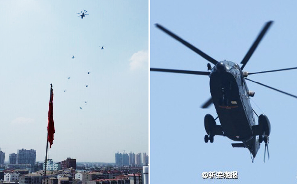 Chinese PLA Air Force Colonel Xu Desheng led  a fly-past of helicopters over his hometown of Xiantao, in Hubei province, after last week's Beijing military parade. Photos: SCMP Pictures