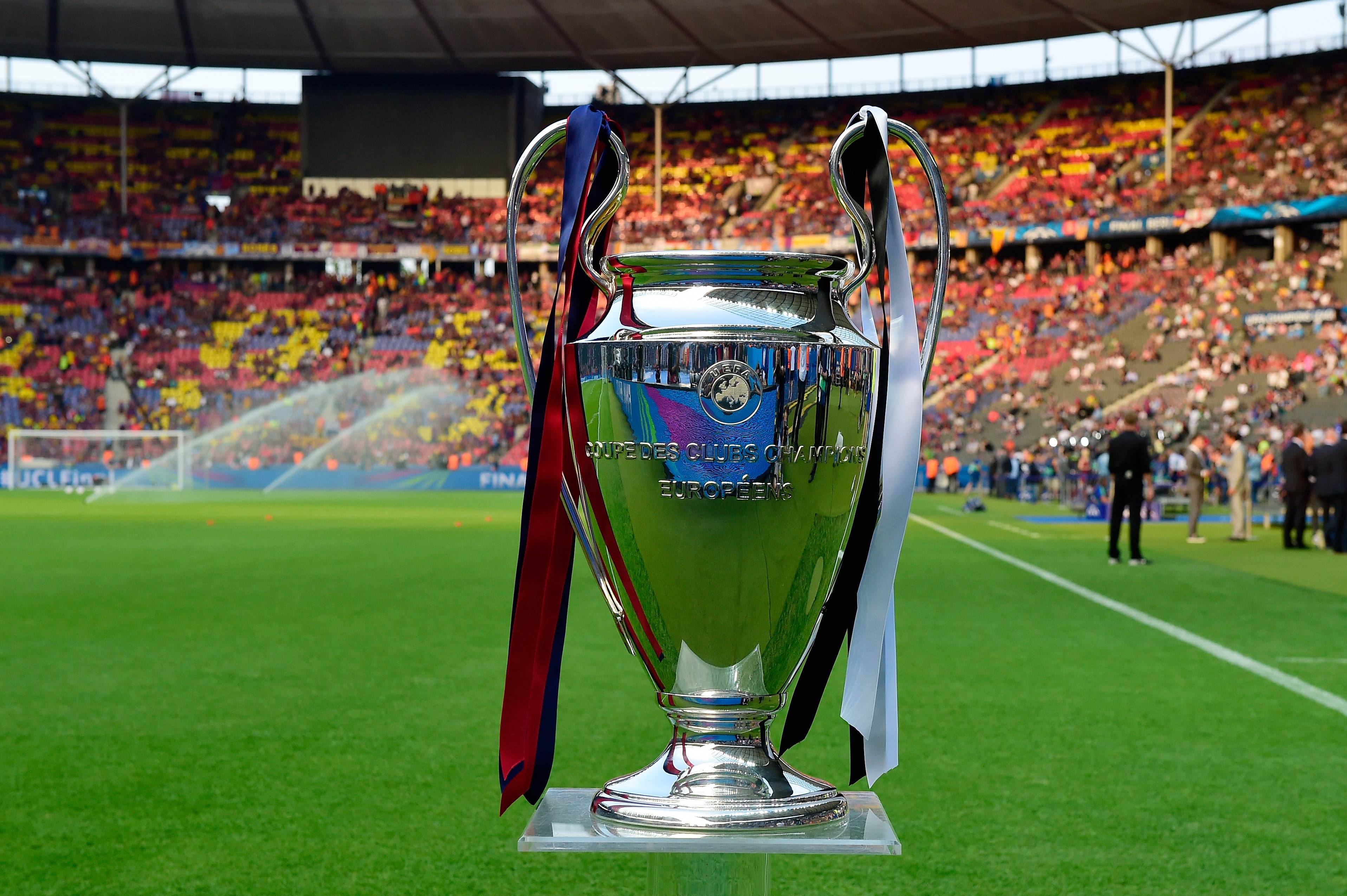 The Champions League trophy rests on the pitch before last year's final. Photo: AFP
