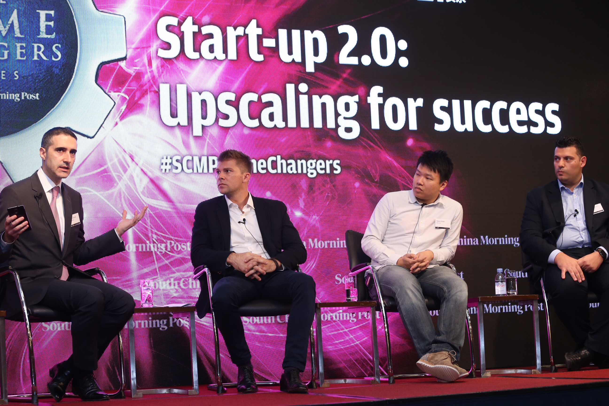 Shanghaivest director Bruno Bensaid, CompareAsiaGroup.com CEO Gerald Eder, GogoVan co-founder Reeve Kwan, and James Giancotti, chief executive of Oddup, speak at the SCMP Game Changers Forum. Photo: Cheng Kok-yin