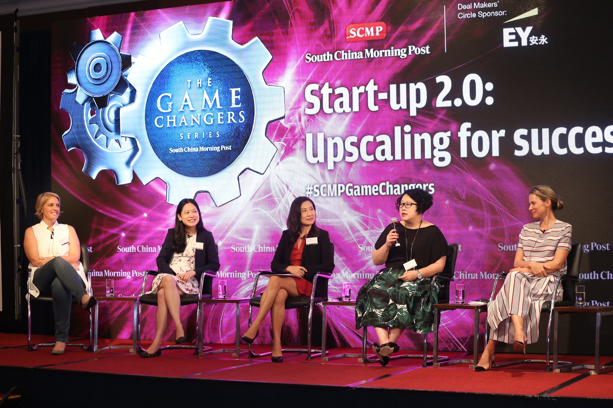 Cat Purvis of Exicon, Fiona Lau of Shopline, Women's Foundation advisor Daisy Jiang, Meatmarket's Ivy Wong Stephens, and Jane Gottschalk of Jax Coco speak at the SCMP Game Changers Forum. Photo: Cheng Kok-yin