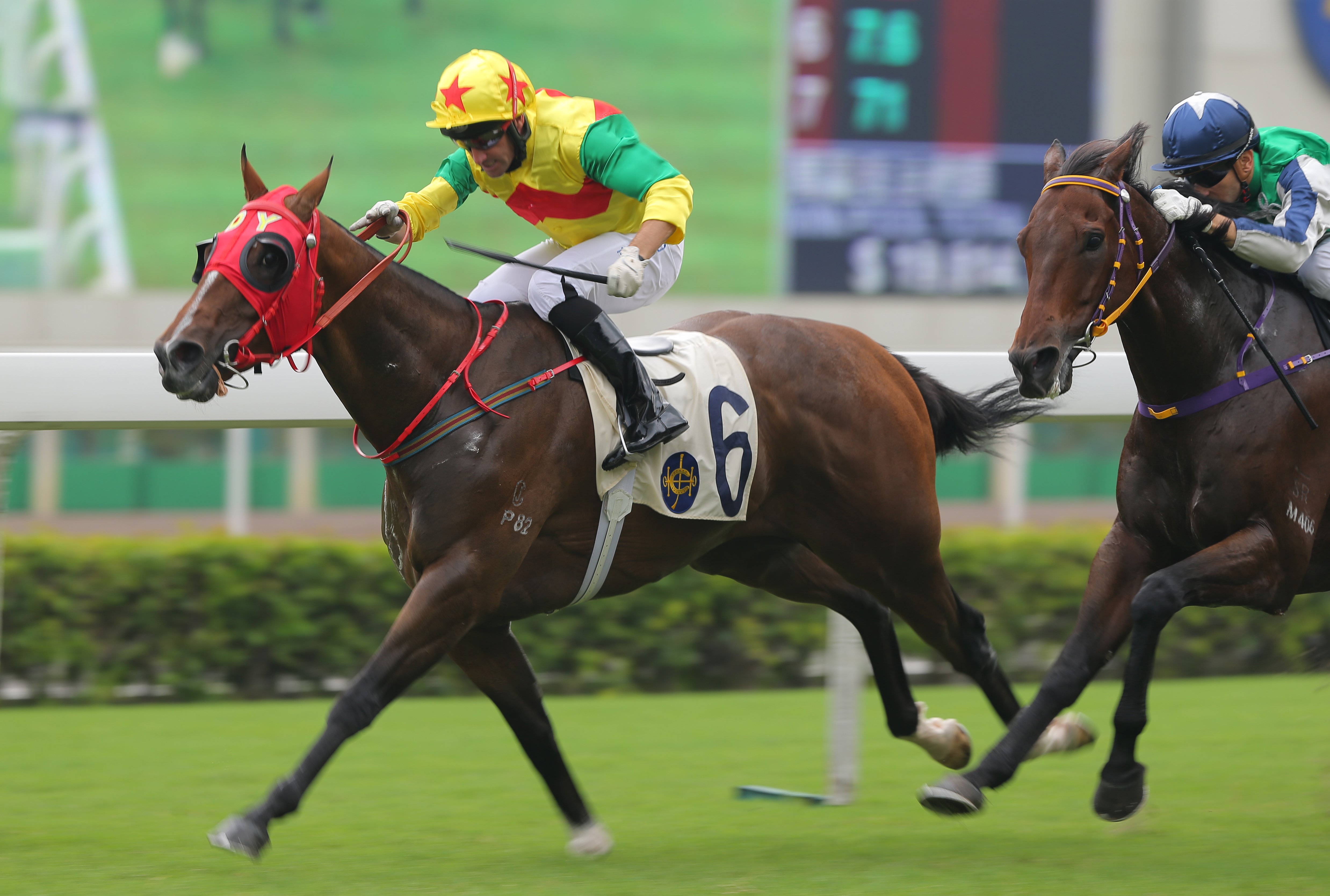 Joy Together races away with blinkers on to score for Neil Callan and Dennis Yip. Photo: Kenneth Chan