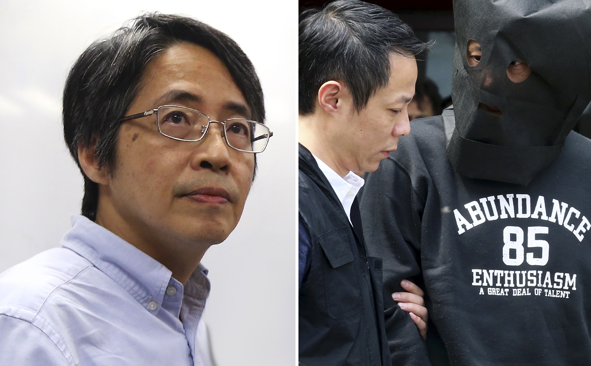 A suspect (right) was escorted to the Sai Wan Ho waterfront to help reconstruct the alleged attack on former Ming Pao chief editor Kevin Lau Chun-to (left) in February, 2014. Photos: Sam Tsang, David Wong