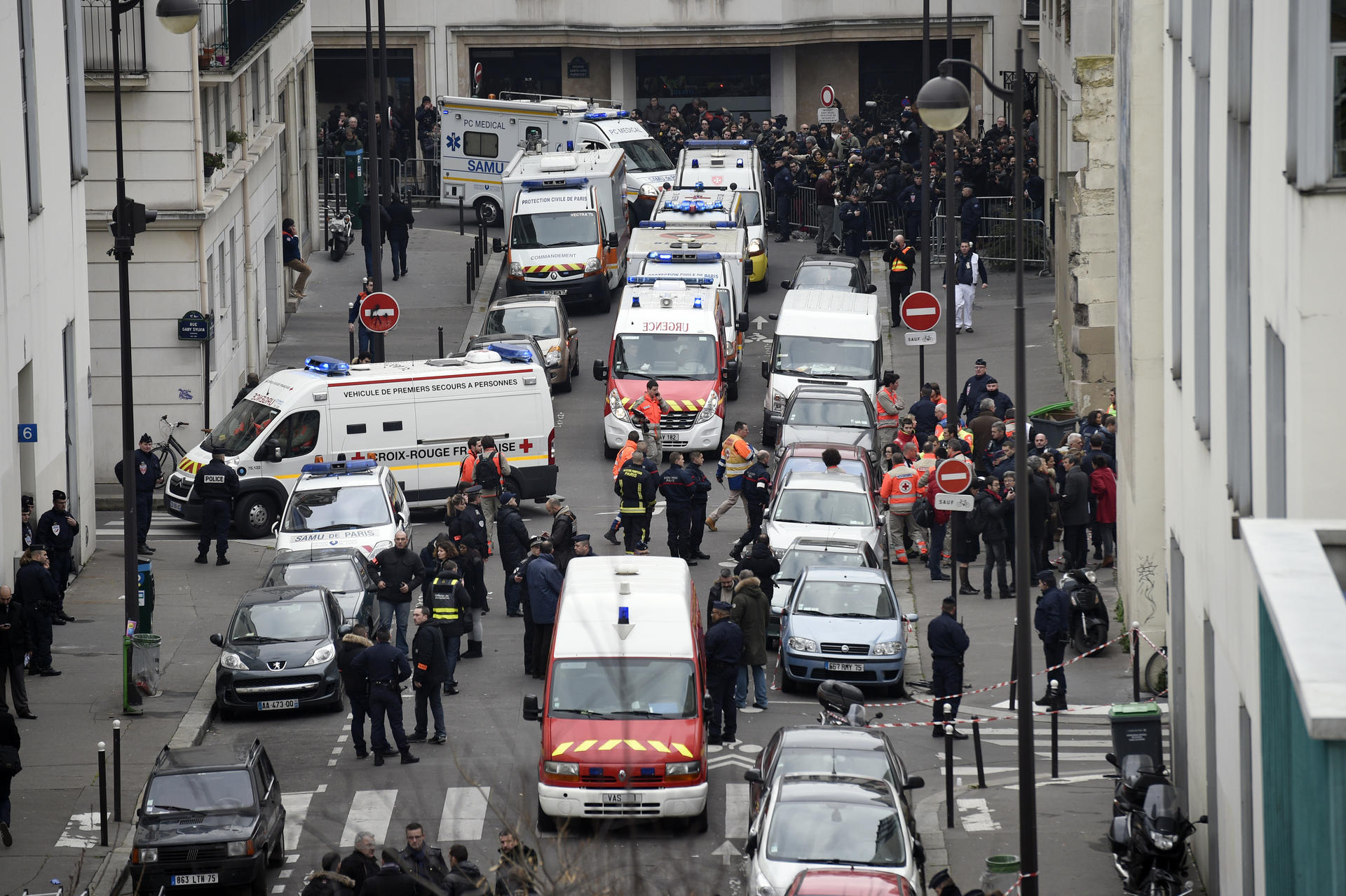 The scene outside Charlie Hebdo's offices in Paris immediately after the massacre. Photo: AFP