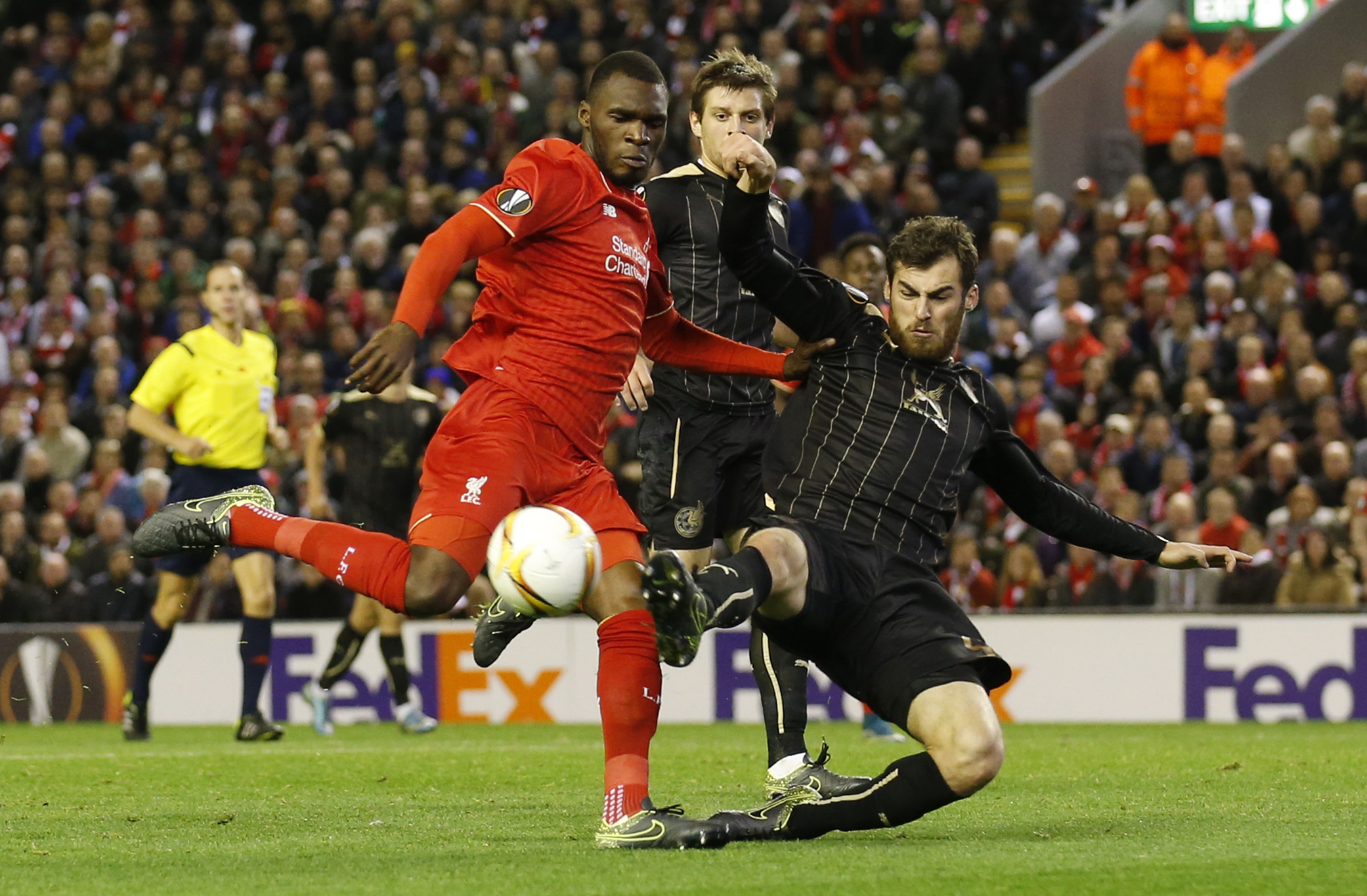 Liverpool's Christian Benteke shoots at the Rubin Kazan goal. Photo: Reuters