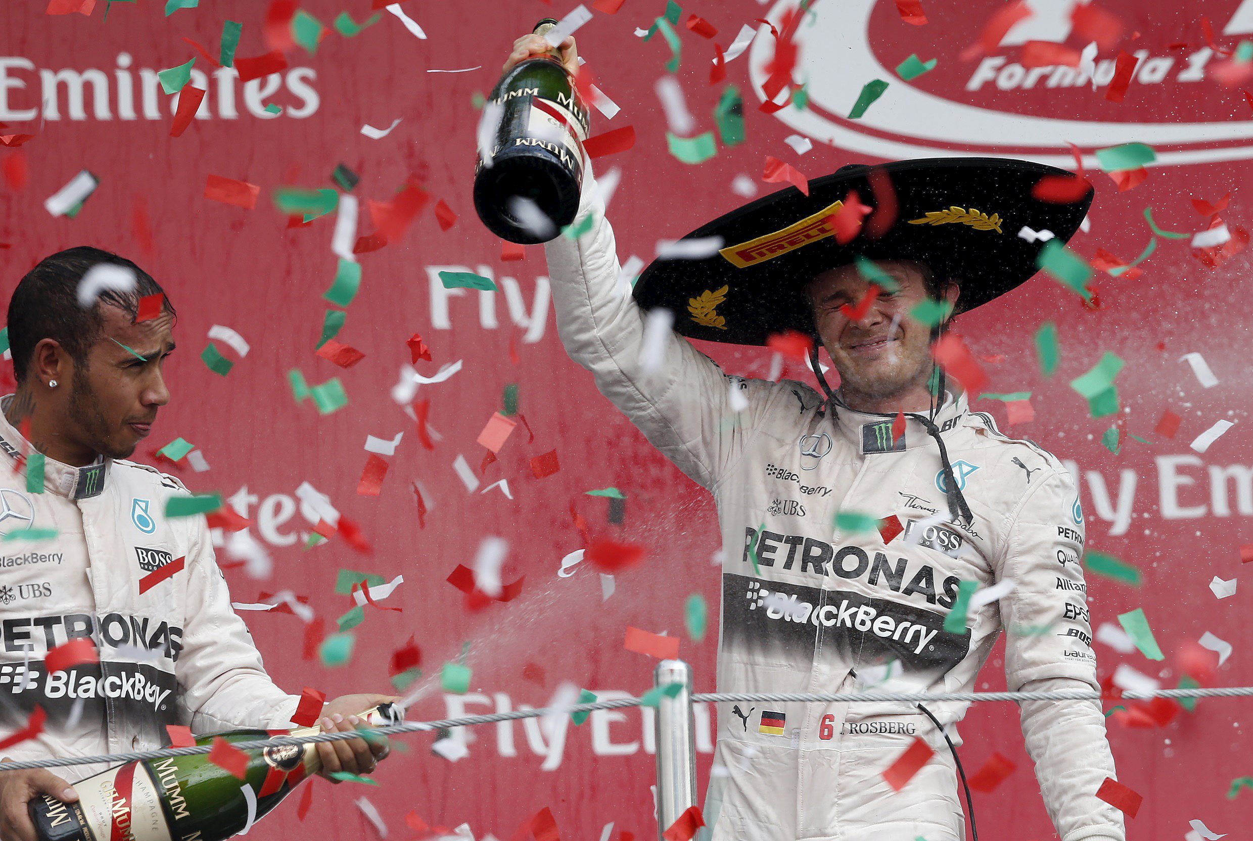 Mercedes' Nico Rosberg celebrates his win ahead of teammate Lewis Hamilton for Mercedes. Photo: Reuters