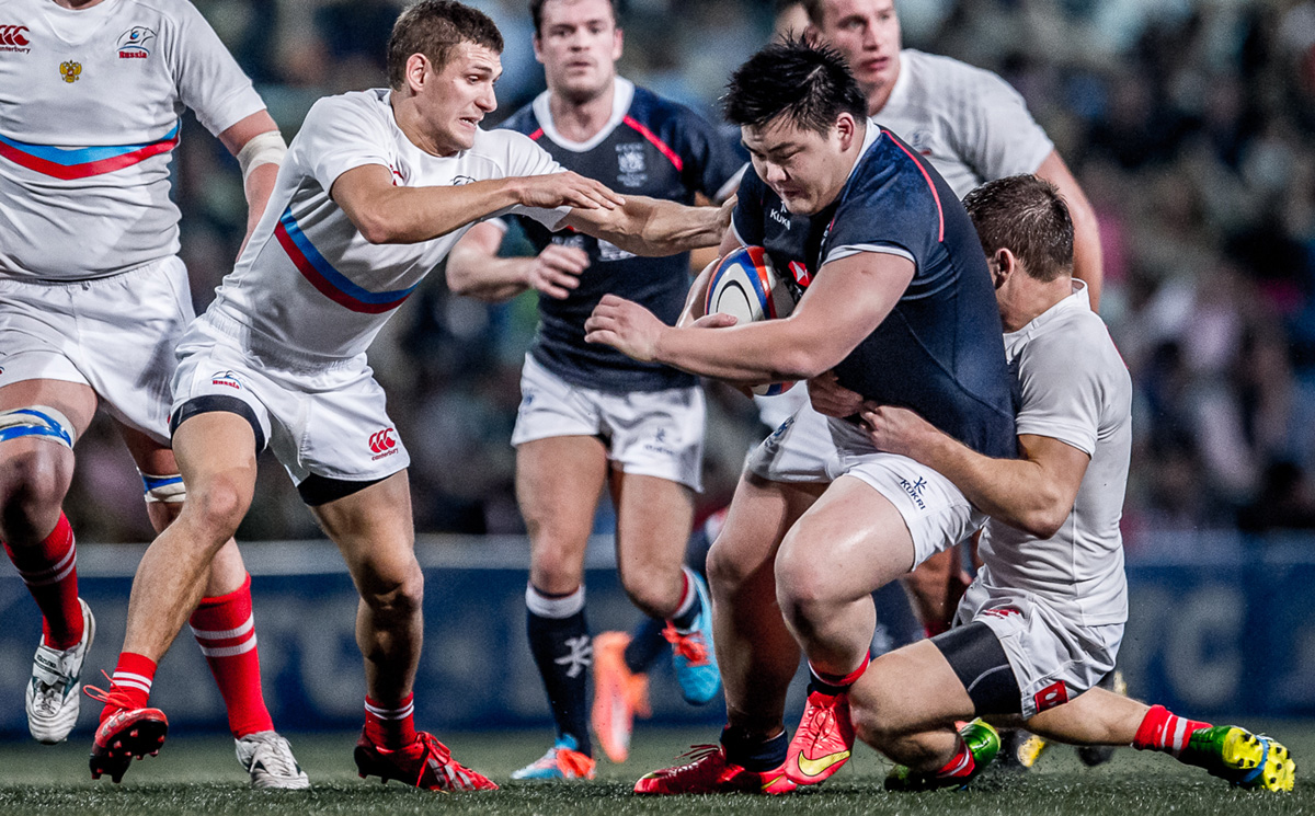 Hong Kong prop Leon Wei takes on the Russia defence in last year's Ustinov Cup. Wei and his team-mates were back in action Friday in the 2015 Hong Kong Cup of Nations featuring Russia, Portugal and Zimbabwe. Photo: HKRU