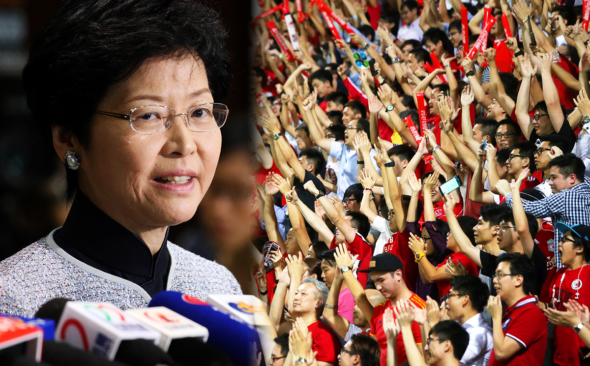 Carrie Lam expressed hope for a great effort from Hong Kong’s football team tonight against China. Photo: David Wong