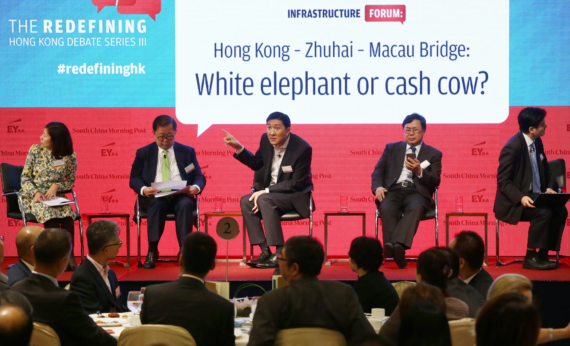 Panel members at yesterday's debate on the pros and cons of the Hong Kong-Zhuhai-Macau bridge project.Photo: Jonathan Wong