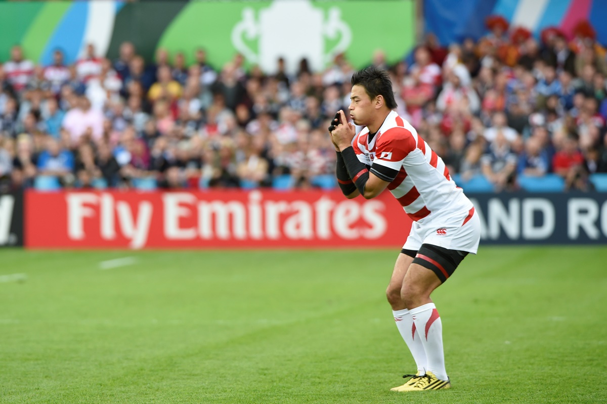 Japan pivot Ayumu Goromaru strikes the pose he learned from England great Jonny Wilkinson as he prepares to kick a penalty during the Rugby World Cup. Photo: AFP