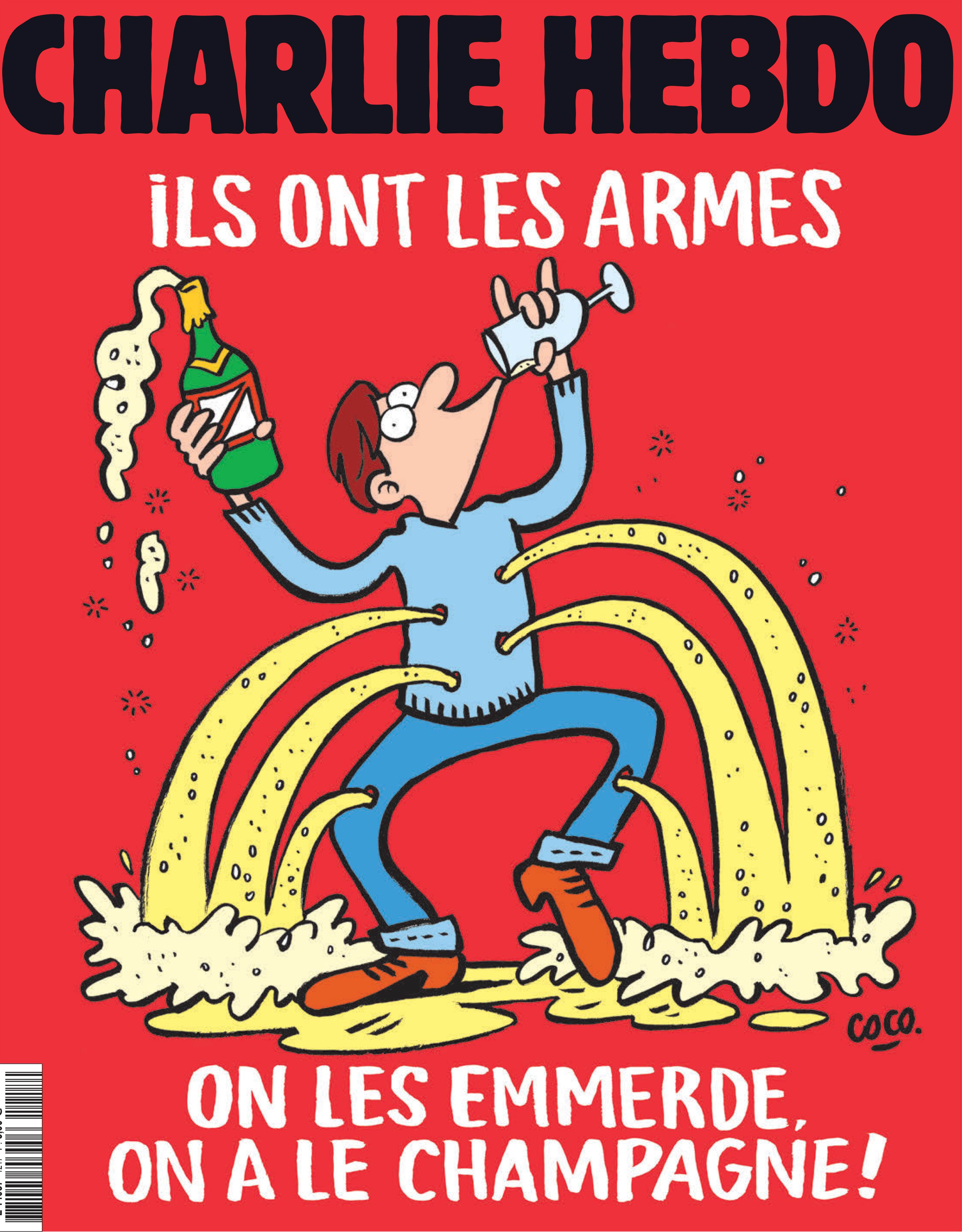 The cover of the Charlie Hebdo magazine after the terror attack in Paris on November 13, reads  "They have weapons, Screw them, We have Champagne". Photo: AFP