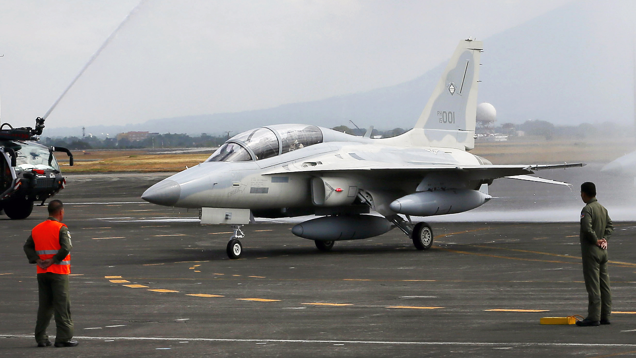 The newly-acquired FA-50PH fighter jets were welcomed with a water cannon salute at Clark Air Base. Photo: AP