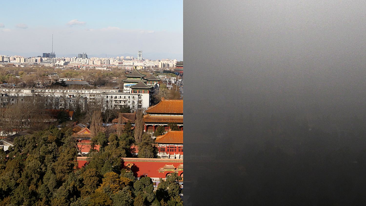 A combo photo shows a view of the Forbidden City from the top of Jingshan Park, in which the city is under blue sky (left) on December 2, and covered by serious smog on December 1 (right). Photo: Simon Song