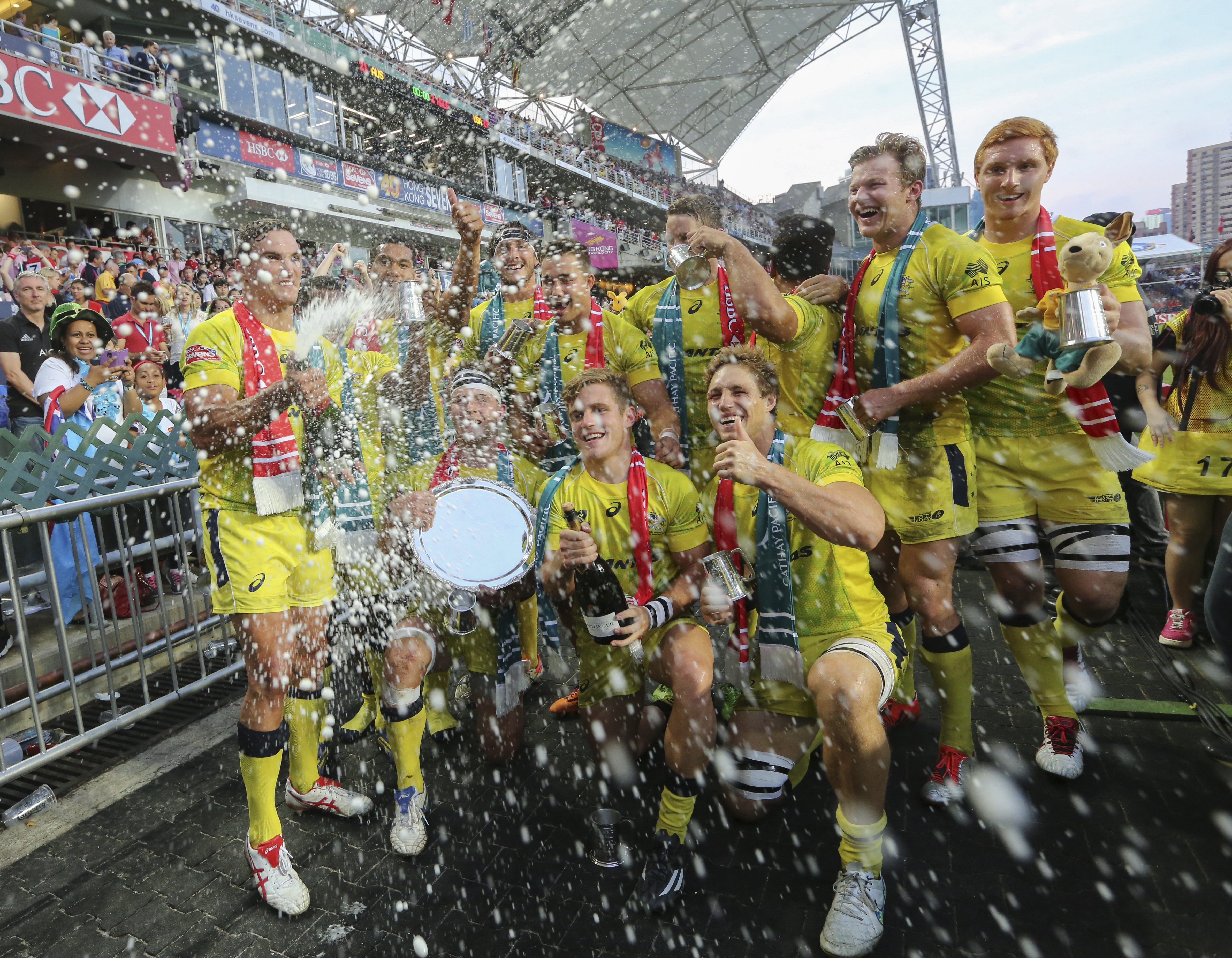 Australia celebrate winning the Plate final over United States 21-17 at the 2015 Hong Kong Sevens in March. Photo: Sam Tsang/SCMP