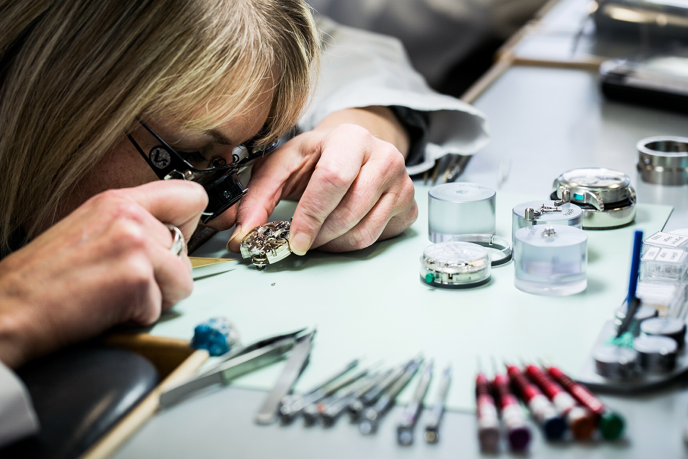 Watchmaker at work at Jaeger-LeCoultre’s manufacture in Le Sentier.