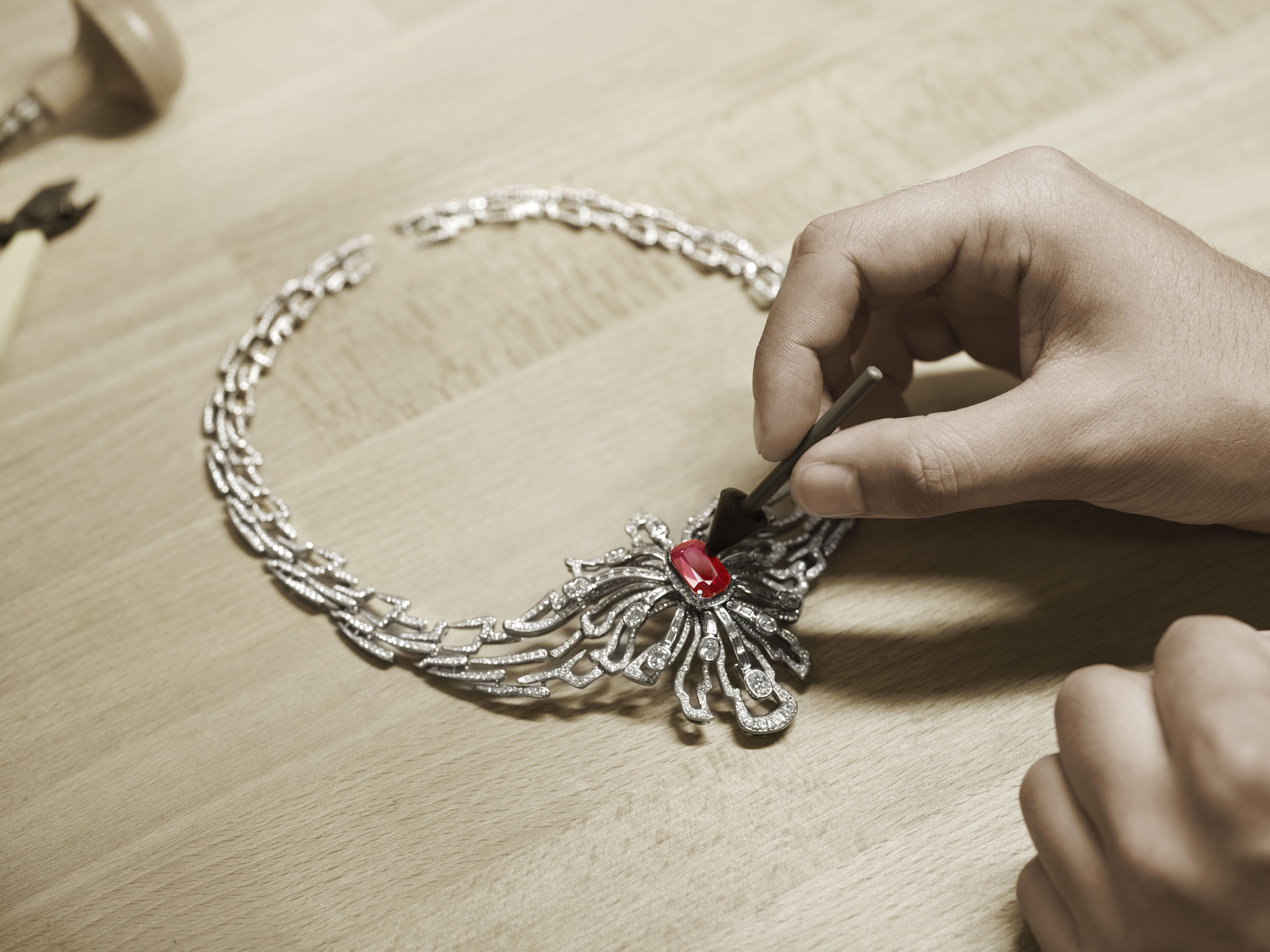 The making of the Wings of a Dragonfly ruby necklace.