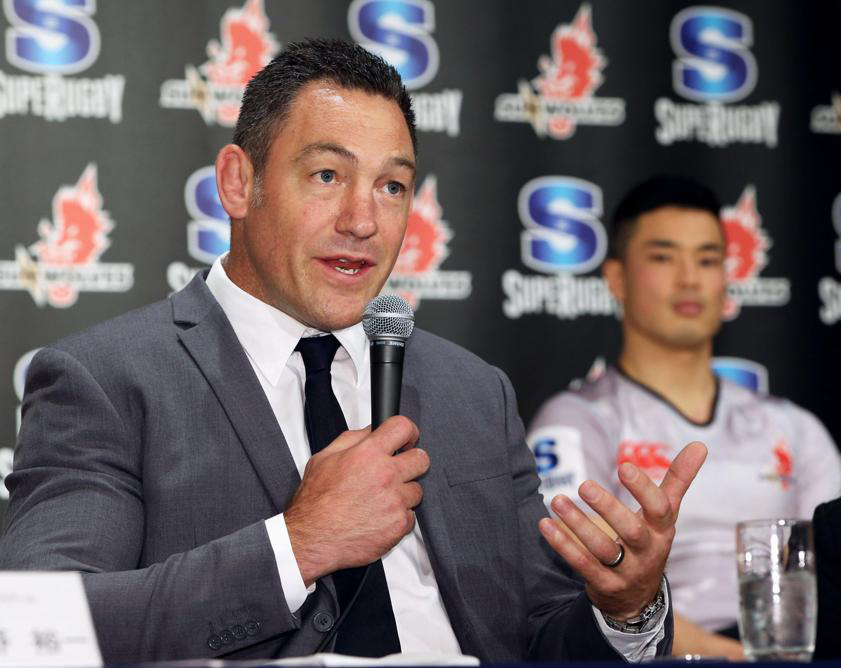 New Zealander Mark Hammett attends a press conference in Tokyo after being named the first head coach of the Sunwolves, Japan's new Super Rugby side. Photo: Kyodo
