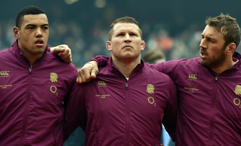 Hooker Dylan Hartley (centre) – flanked by former England captain Chris Robshaw (right) and Luther Burrell – is tipped to named Monday as skipper for the Red Rose. Photos: AFP