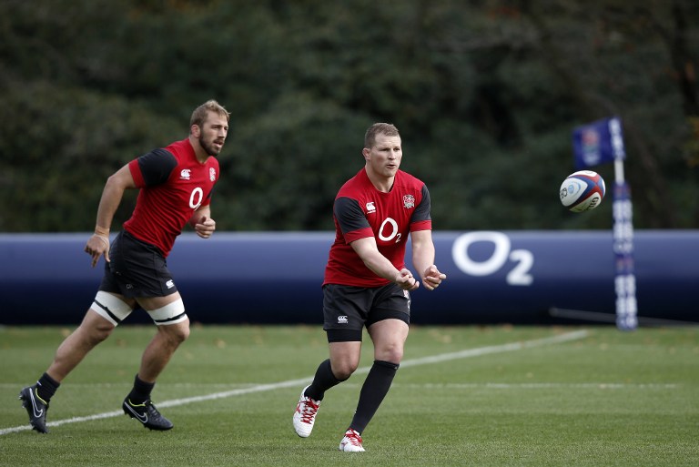 Dylan Hartley (right) in training with Chris Robshaw, the man he replaced as England captain on Monday. Photos: AFP