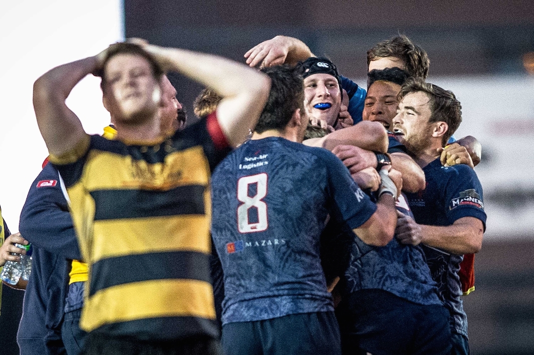 HK Scottish players celebrate their 23-20 extra-time win over USRC Tigers in the Grand Championship quarter-finals on Saturday. Photo: HKRU