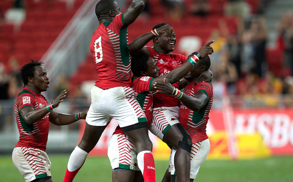Kenya players celebrate victory over Fiji to win the 2016 Singapore Sevens on Sunday. Photo: World Rugby