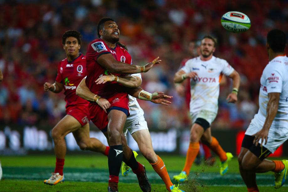 Samu Kerevi of the Queensland Reds gets a pass away against South Africa’s Cheetahs during their Super Rugby match in Brisbane on Saturday. Photo: AFP