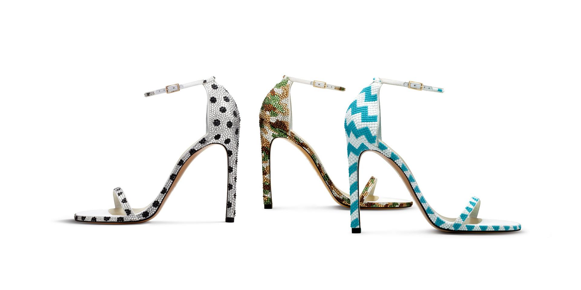 Stuart Weitzman re-interprets classic nudist sandals in five fun versions with customisable Swarovski crystals