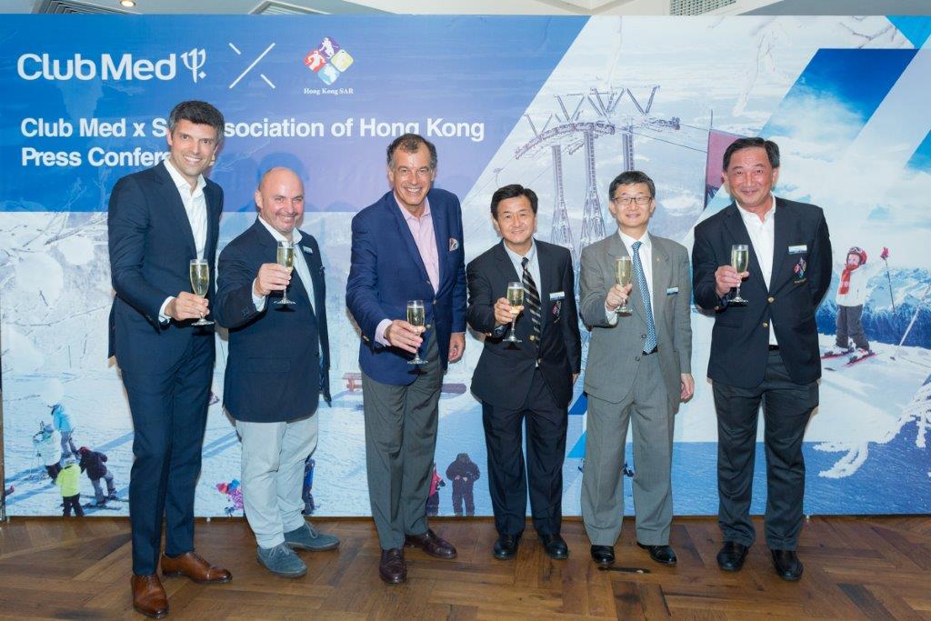 Toasting the partnership between Club Med and SA-HK: (from left), Sebastien Portes; Gino Andreetta; Henri Giscard d’Estaing; Edmond Yue; Tony Yue and Samson Siu. 