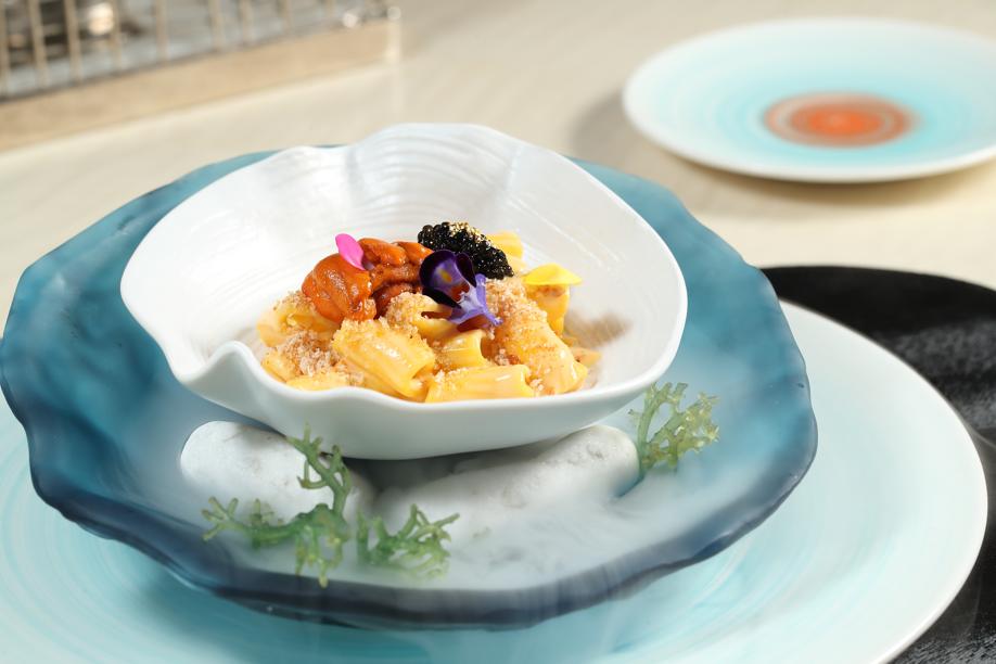 Skye at the Park Lane's Hokkaido sea urchin is served atop handmade macaroni and cheese.