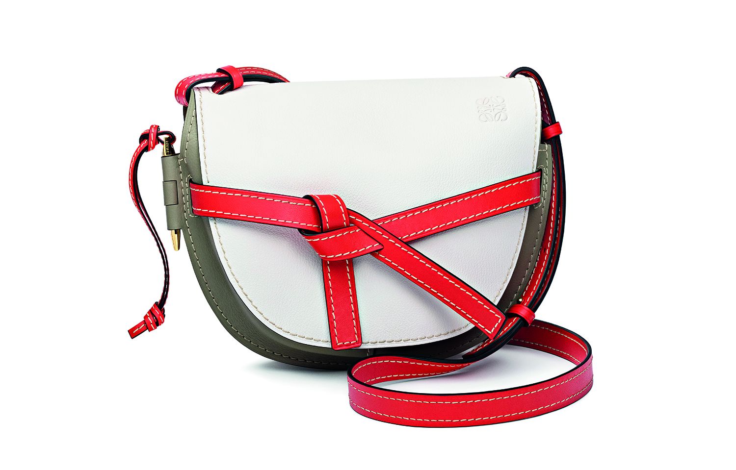 Loewe’s White and Grey Calf Gate bag adds pizazz to a summer wardrobe.