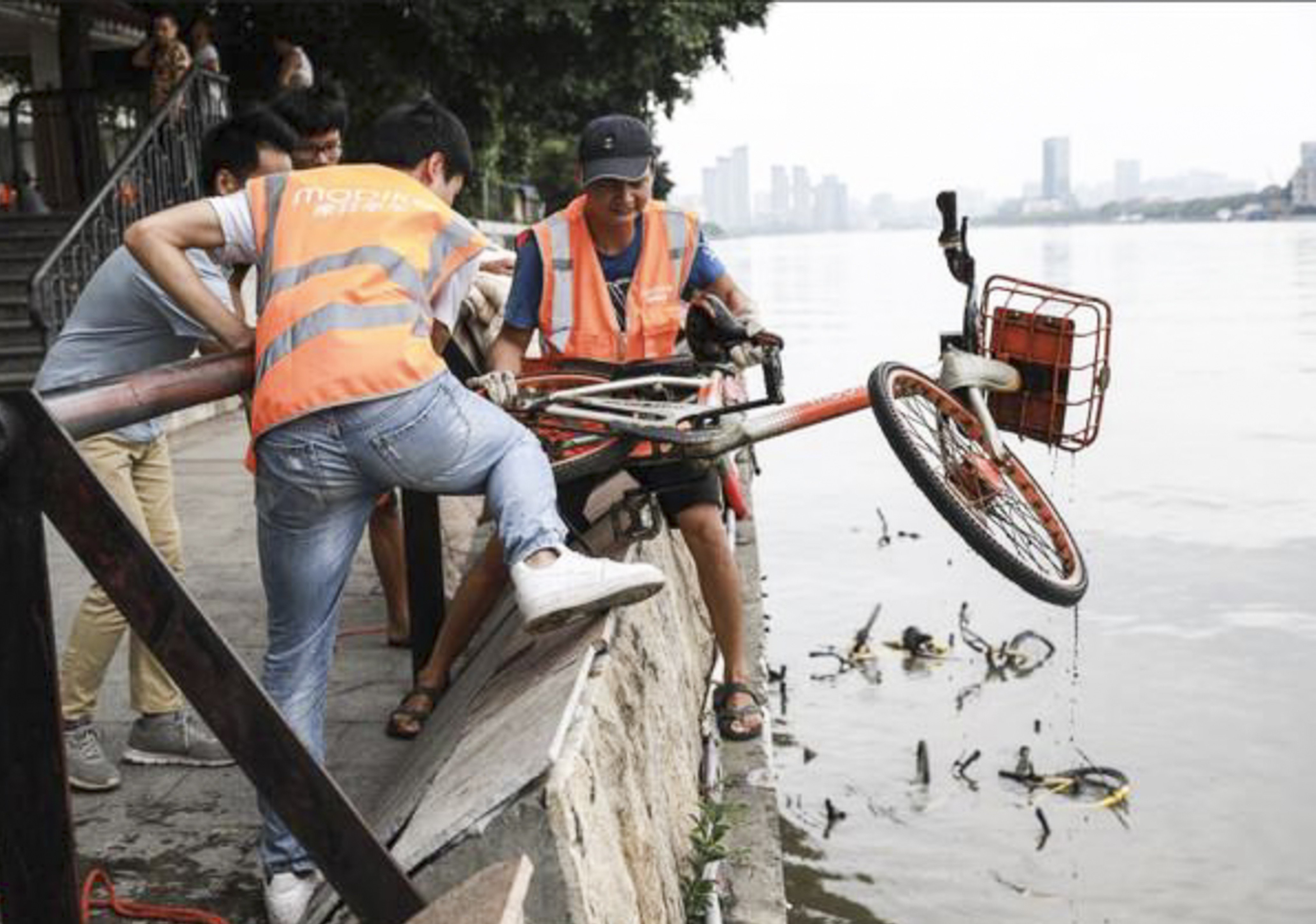 Two bike-sharing companies in southern China have recovered more than 3,000 bicycles from rivers during clean-up operations. (Picture: ThePaper.cn)