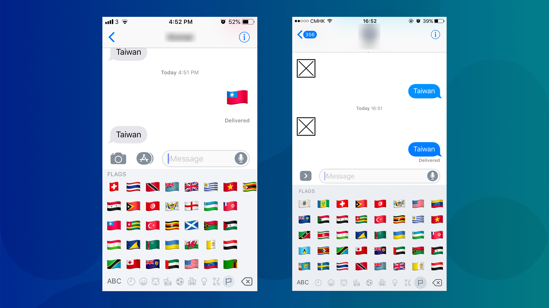 The emoji keyboard and Taiwan flag emoji as seen in two iPhones, one with region set to Hong Kong (left) and another to China (right). 
