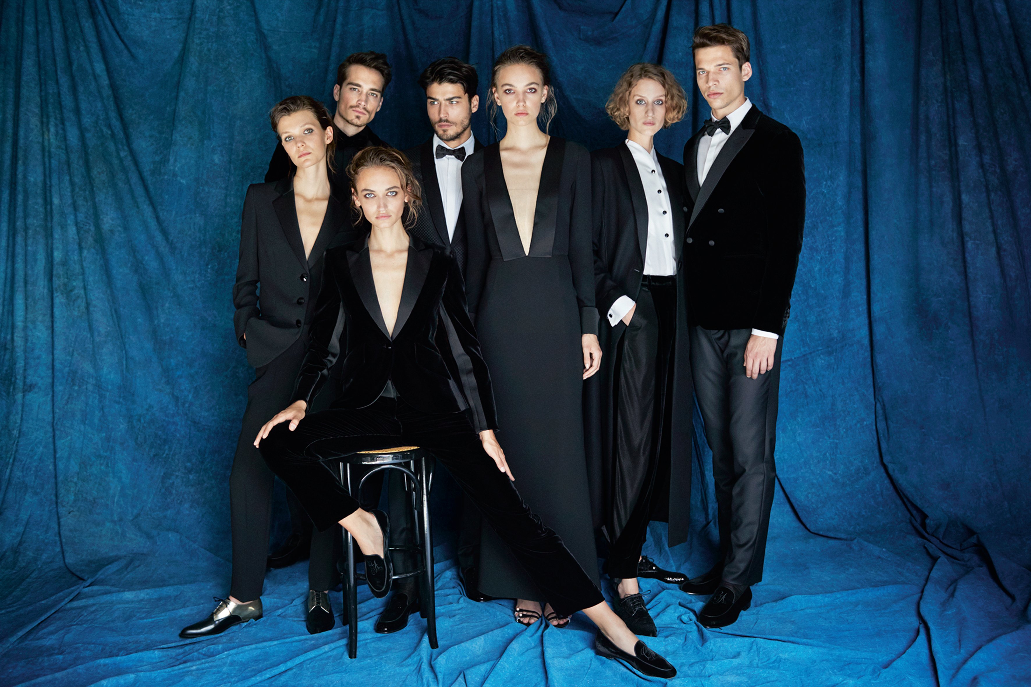 Giorgio’s super luxe tuxedo dressing for men and women. 