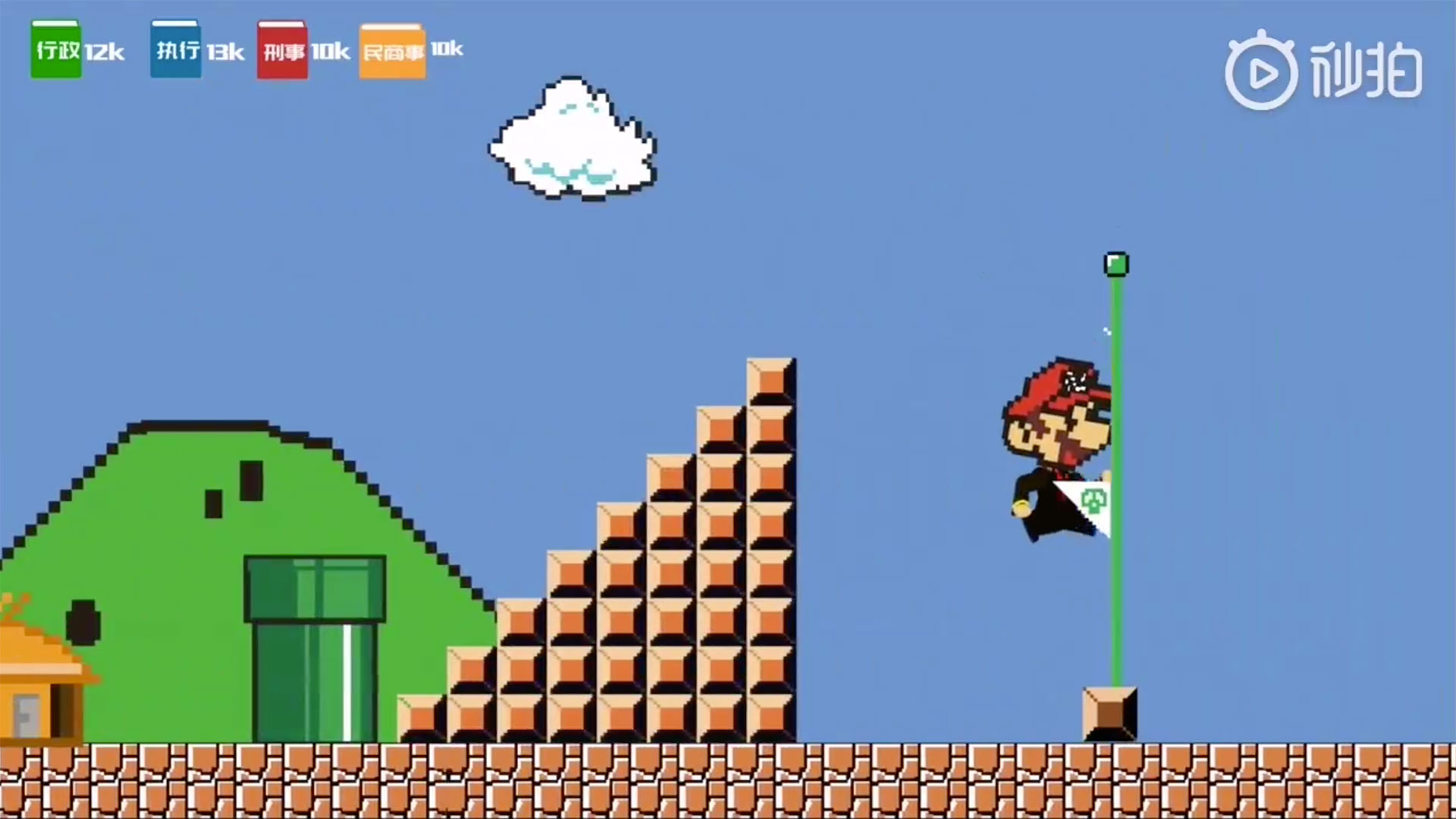 The flagpole and some of the background sprites appear to be taken directly from Super Mario Bros. You can tell Mario isn't because he's incredibly ugly. (Picture: @ChineseNintendo)