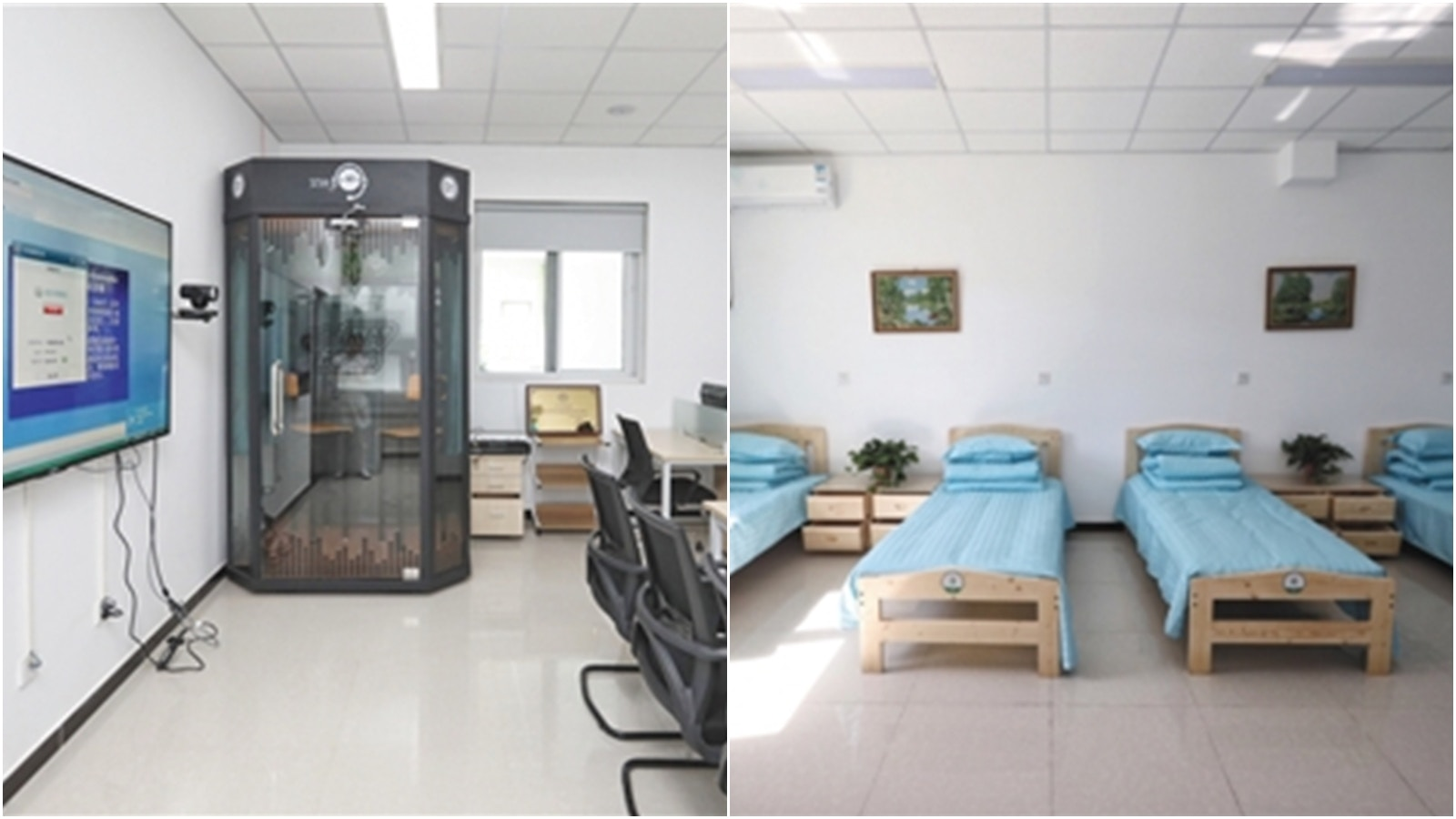 The new clinic has a karaoke booth (left) and allows families to stay with patients (right) during a rehab program that lasts four to six months. (Picture: The Beijing News)