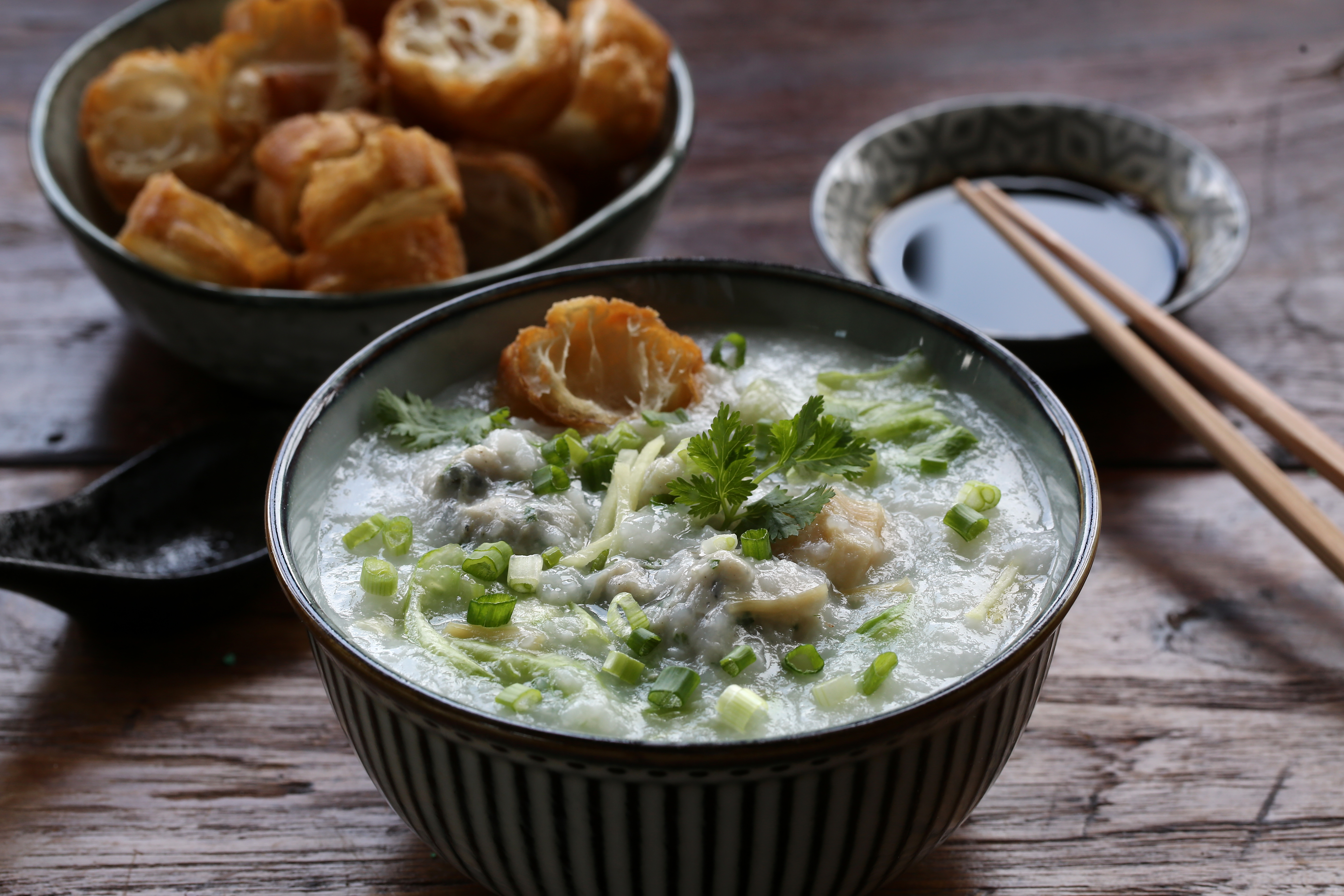 Easy Chinese dried scallop porridge (congee) with fish paste