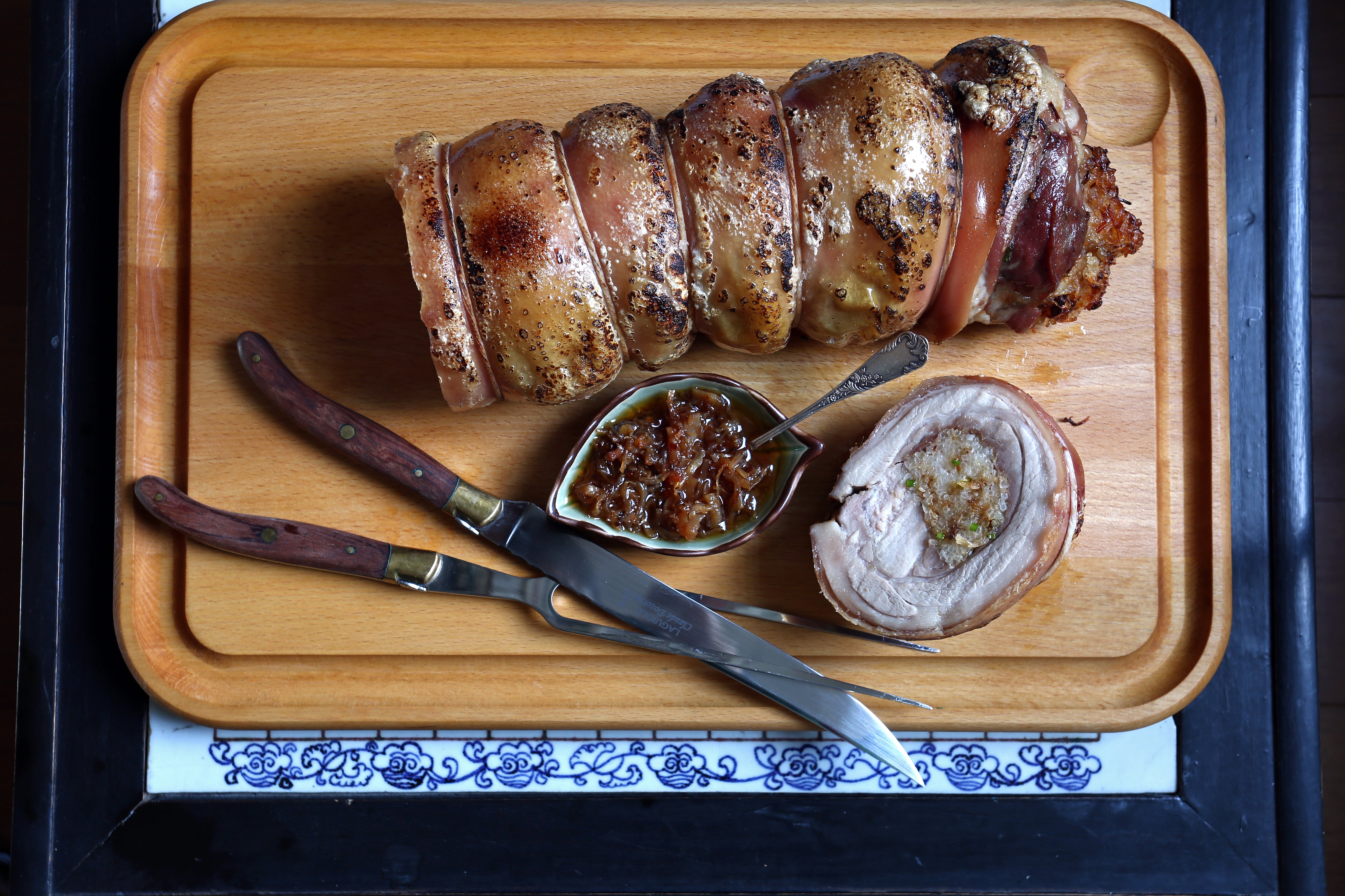 Stuffed suckling pig with glutinous rice and XO sauce
