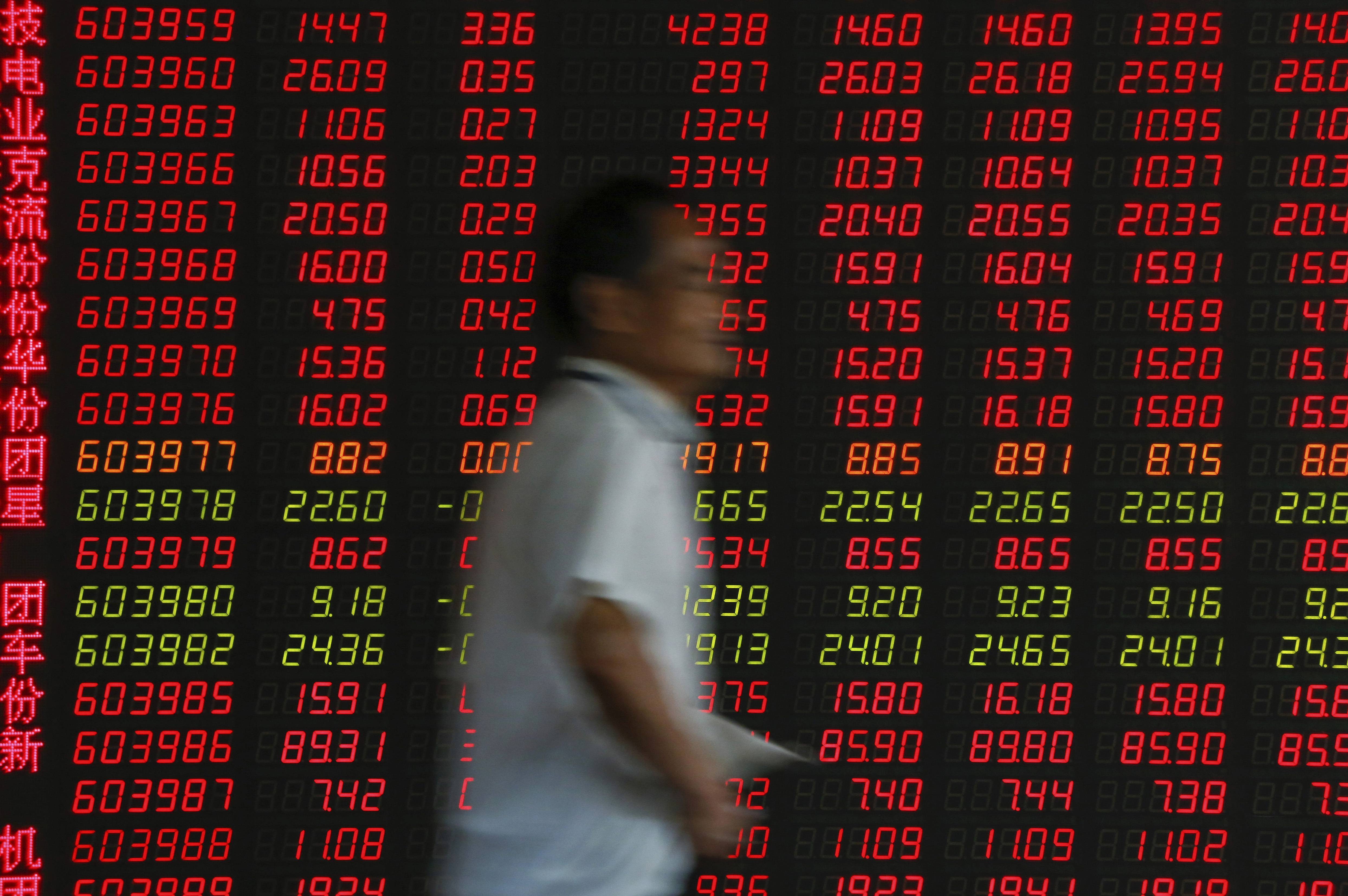 An investor walks by an electronic board displaying stock prices at a brokerage in Beijing. Photo: AP Photo