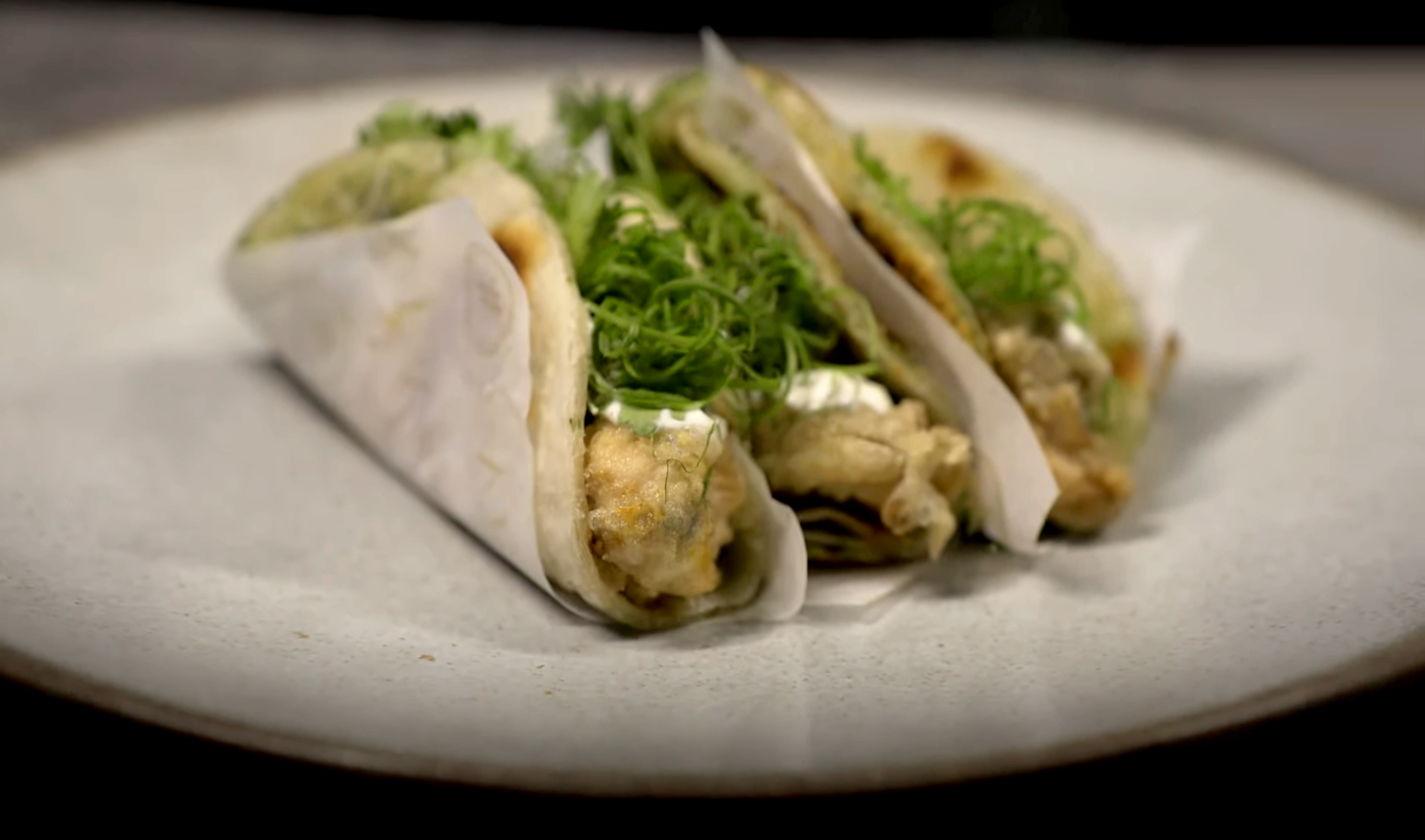 Chinese scallion pancakes with fried oysters