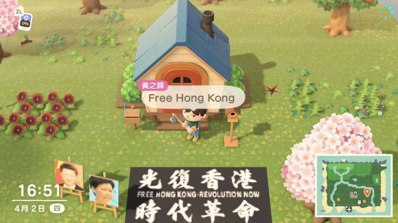 Familiar slogans from the Hong Kong protests that started last summer began popping up in Animal Crossing. (Picture: Joshua Wong/Twitter)