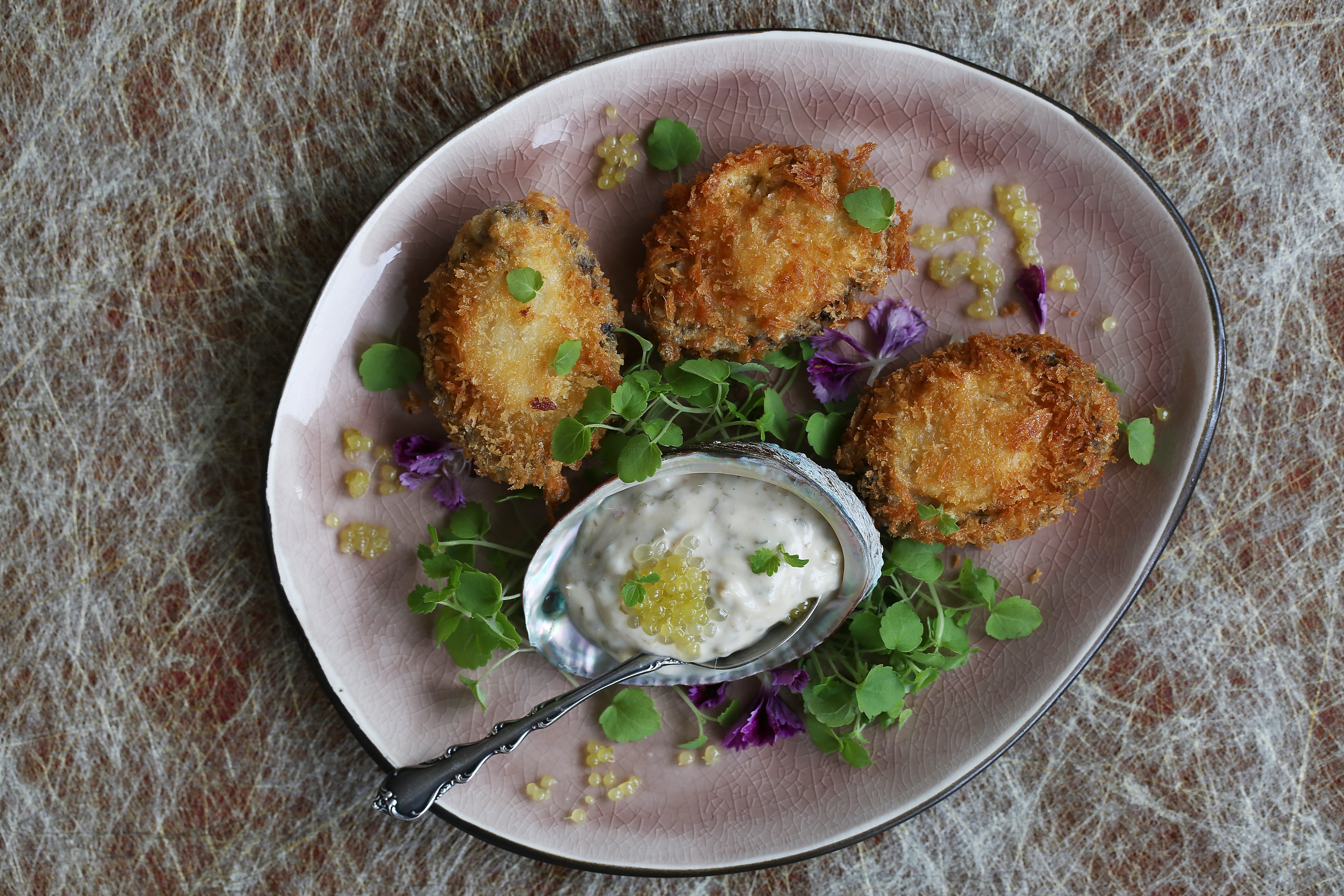 Abalone katsu with anchovy-caper mayonnaise