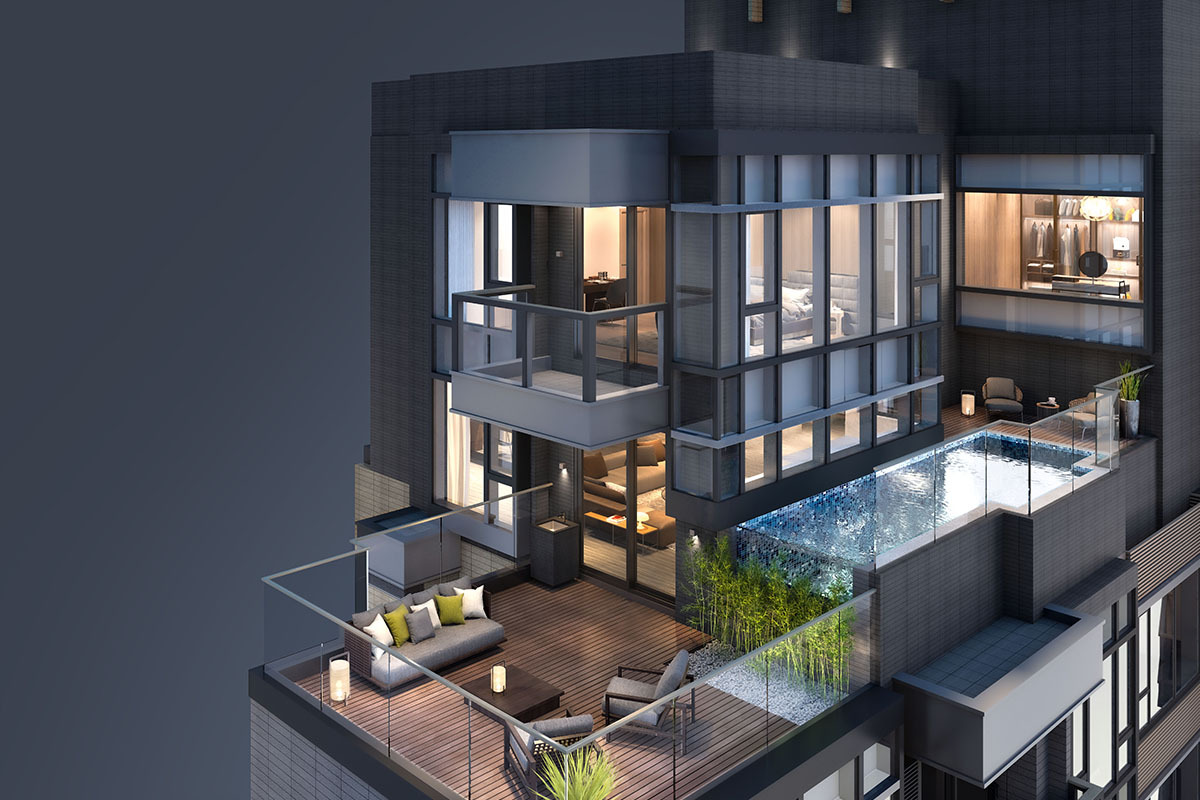 Fleur Pavilia’s duplex penthouse unit with an outdoor pool encapsulates the pinnacle of penthouse living. (Rendering of modified Unit A, 33/F & 35/F, Tower 1*)