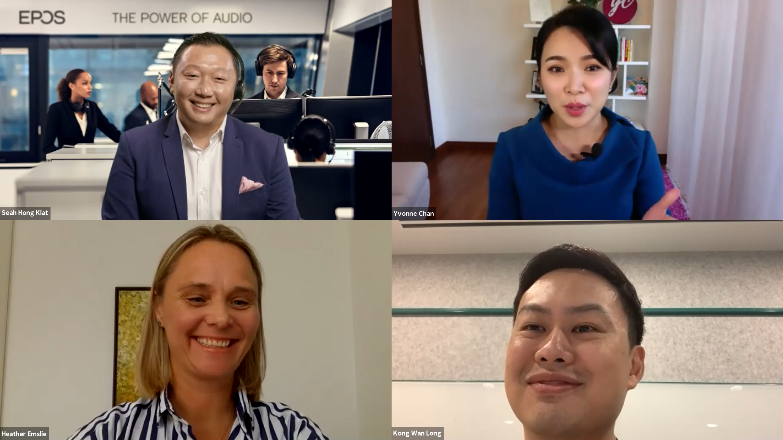 Sean Hong Kiat, Vice President, Enterprise Solutions APAC EPOS; Heather Emsile, APAC Director, Google Workspace; Kong Wan Long, Co-founder and Cheif Commercial Officer, JustCo shared the latest ideas around hybrid work at the EPOS Virtual Conference. Photo: Zoom screenshot