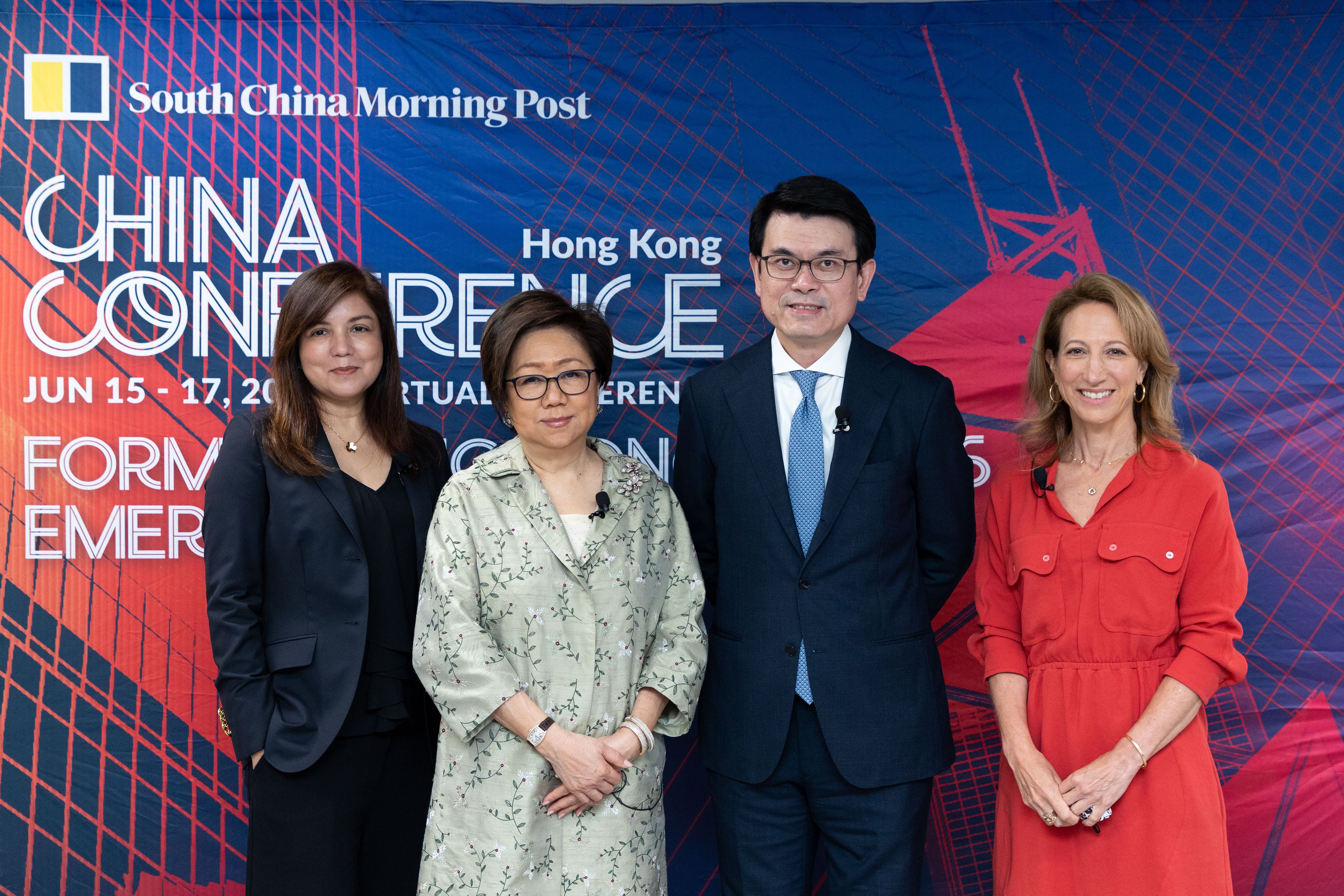 (L-R) (Moderator) Zuraidah Ibrahim, Executive Managing Editor, South China Morning Post; Laura M Cha, GBM, GBS, JP, Chairman, Hong Kong Exchanges and Clearing Ltd; The Hon. Edward Yau Tang-wah, GBS, JP, Secretary for Commerce and Economic Development, Government of the Hong Kong Special Administrative Region; and Tara Joseph, President, American Chamber of Commerce in Hong Kong