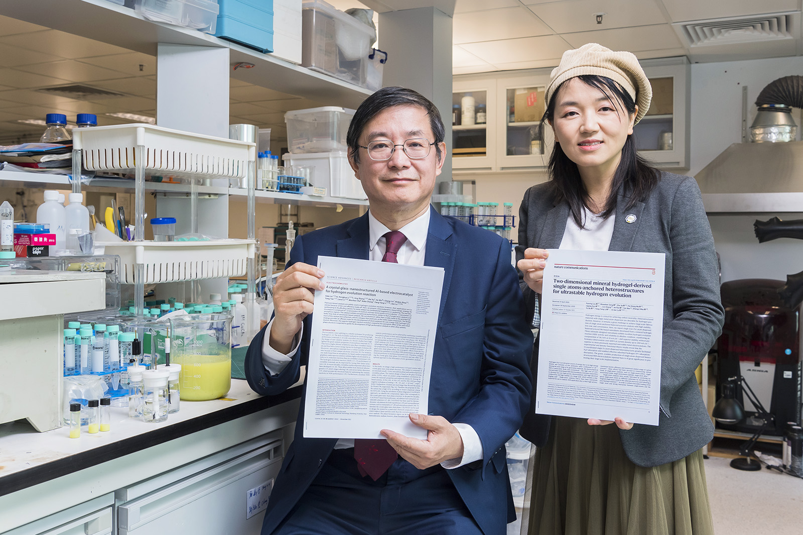 Research teams co-led by Professor Lu Jian (left) and Dr Li Yangyang have developed two novel electrocatalysts for hydrogen production.