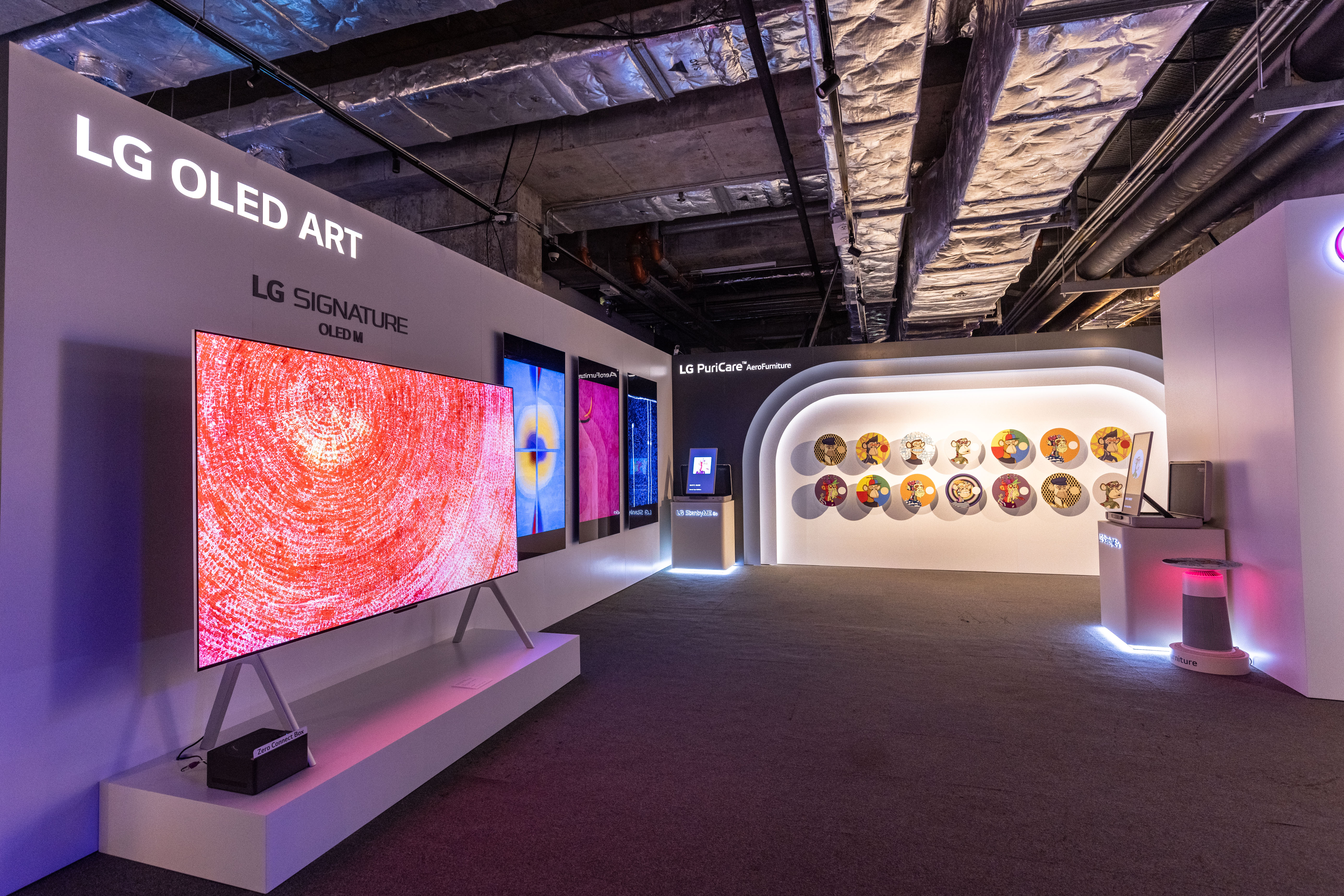 LG unveiled the world’s first 97-inch wireless OLED TV SIGNATURE OLED M (left) at the LG Diversity of Art exhibition zone during Digital Art Fair 2023.