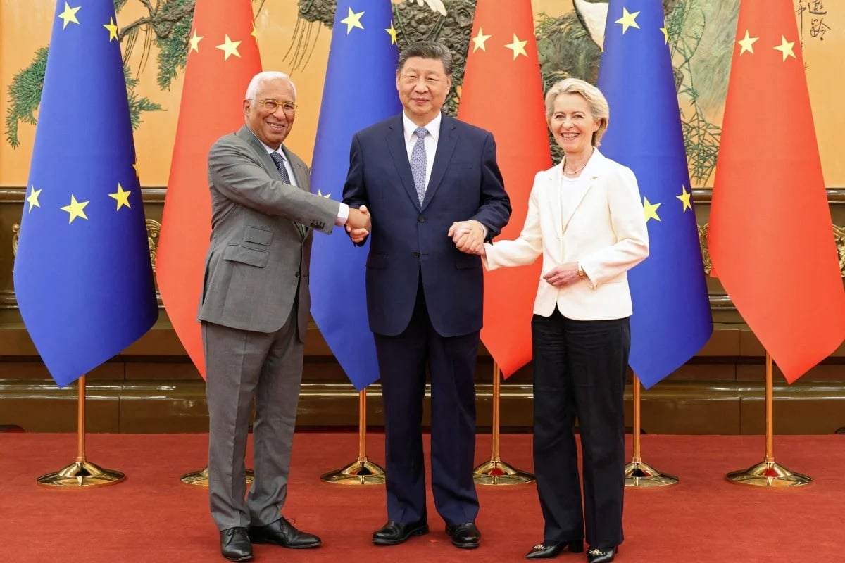 Xi Jinping, European Council President Antonio Costa and European Commission President Ursula von der Leyen at the Great Hall of the People. Photo via Reuters
