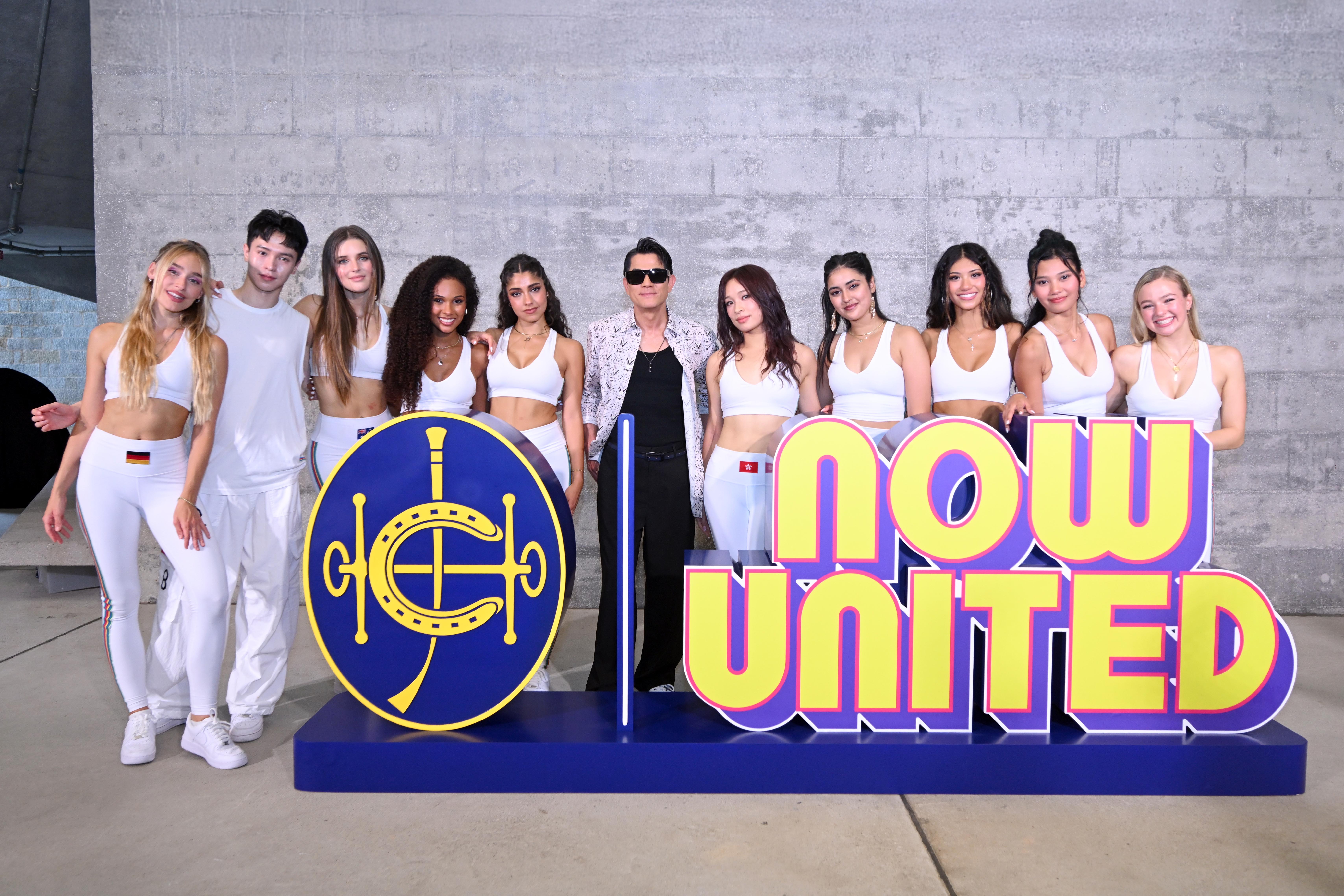 HKJC’s Rising Stars Ambassador Aaron Kwok (centre) with Now United’s new Hong Kong, China member Ariel Tsang (5th right) and other group members.