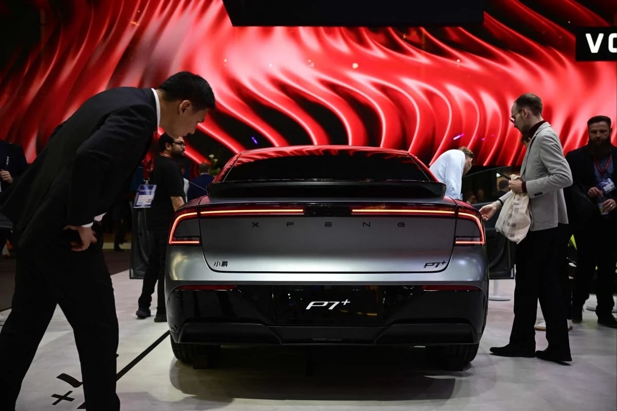 The Xpeng P7 on display in Munich. {Photo: AFP)
